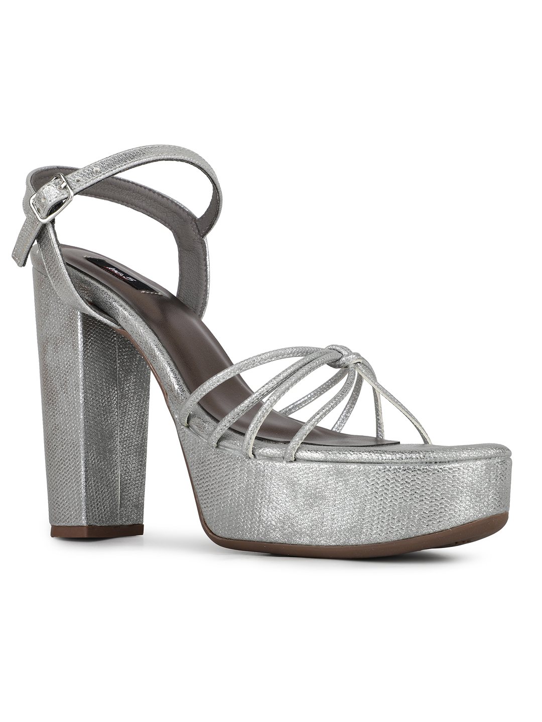 Womens Silver Party Wear Striped Round Toe Block Heel Sandals