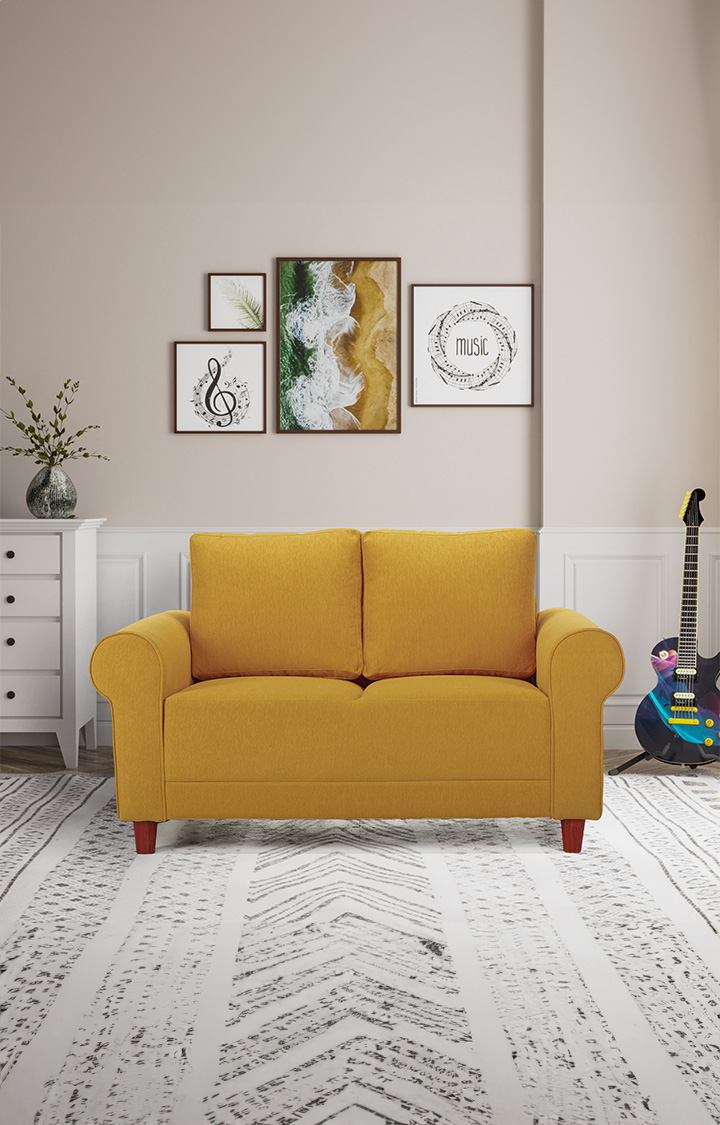 neudot Melody Sofa for Living Room |2 Persons Sofa|Premium Fabric with Padded Cushioned Armrest |Solid Wood Frame|2 Seater in Husky Yellow Color