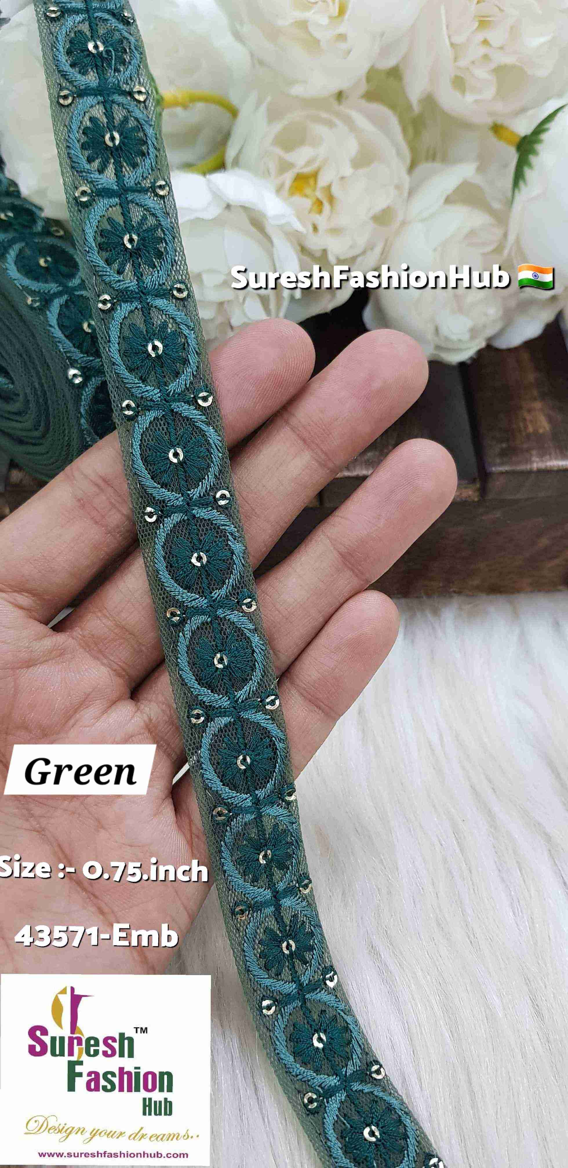 Green Color Floral Circles Embroidery Lace