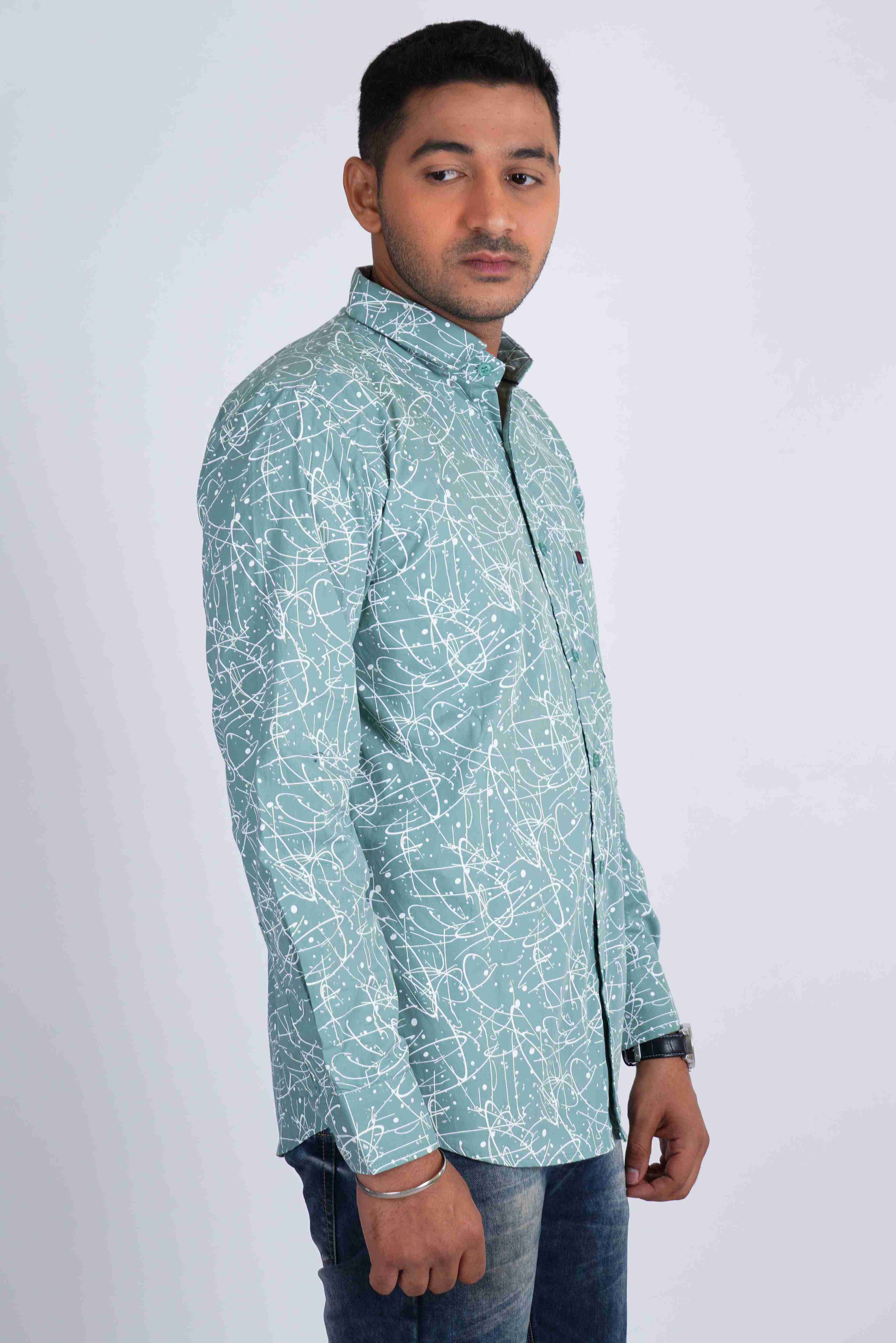 Sea Green White Super Print Cotton Shirt