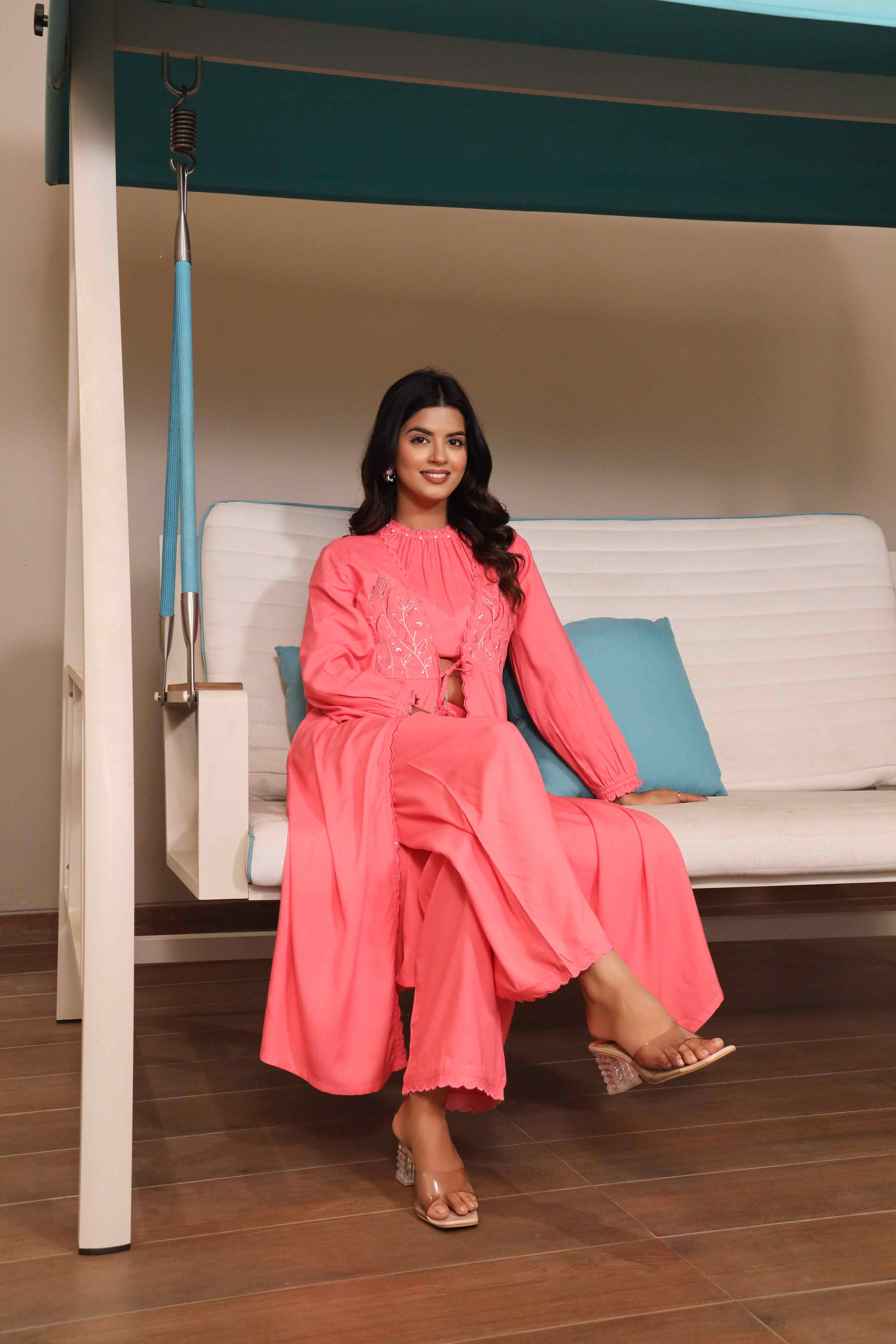 PINK EMBROIDERED SOLID CROP TOP SHRUG WITH PALAZZO SET
