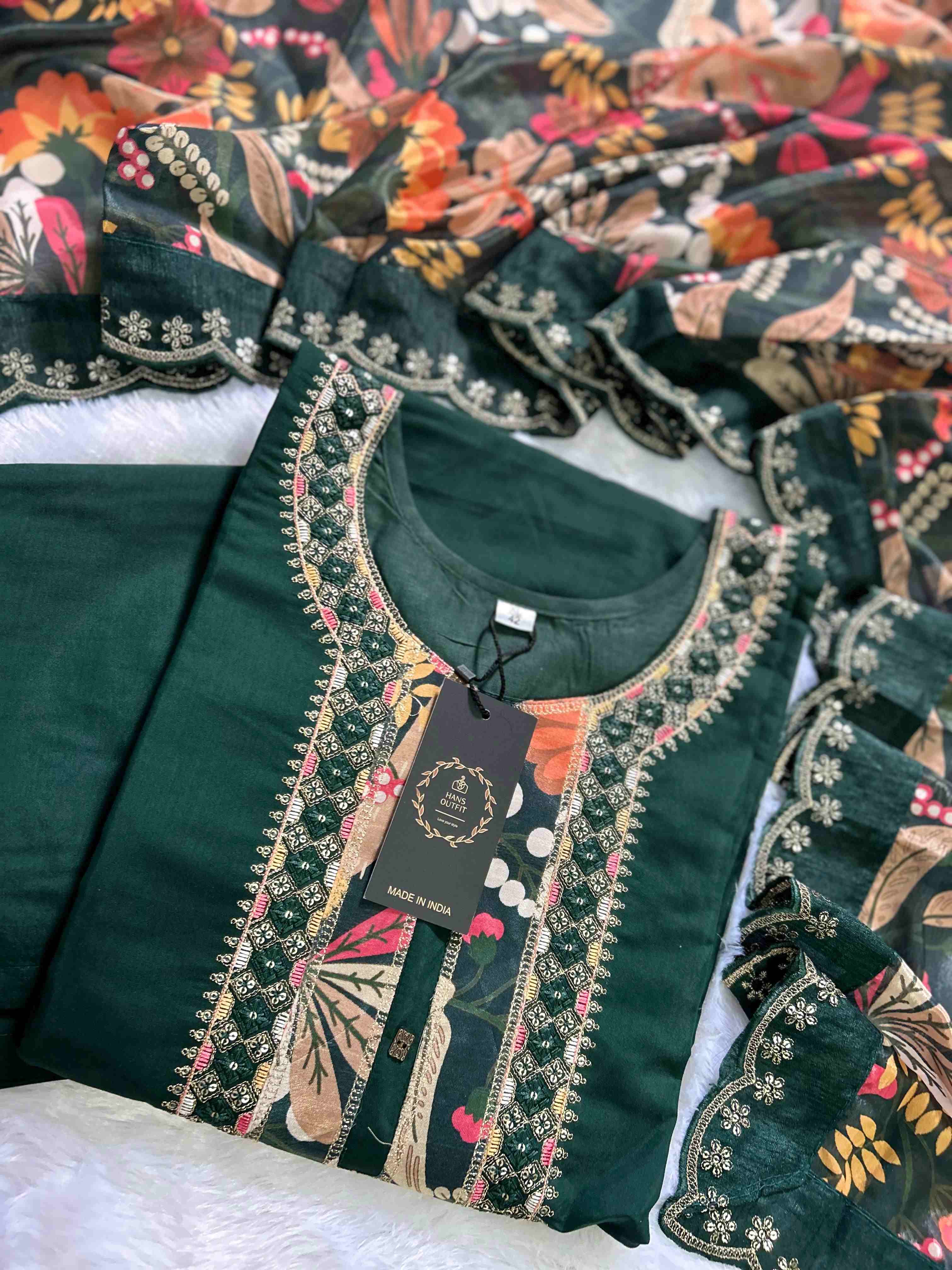 Evergreen embroidery neck with flora dupatta