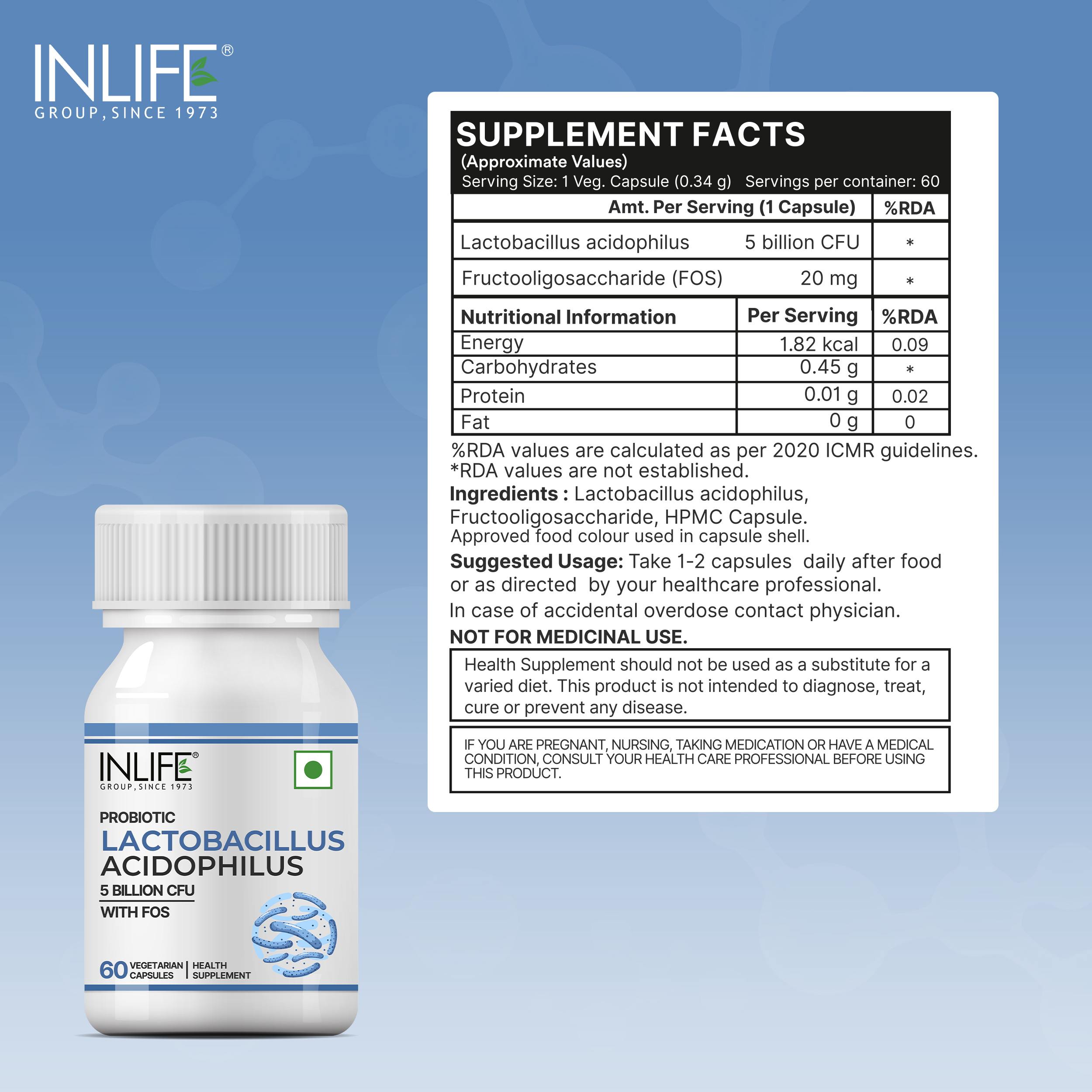 INLIFE Lactobacillus Acidophilus Probiotic 5 Billion CFU with FOS, 60 Caps | Prebiotic FOS 20 mg, Supports Gut Health and Digestion, Vegetarian Capsules, 60 Servings, Health Supplement