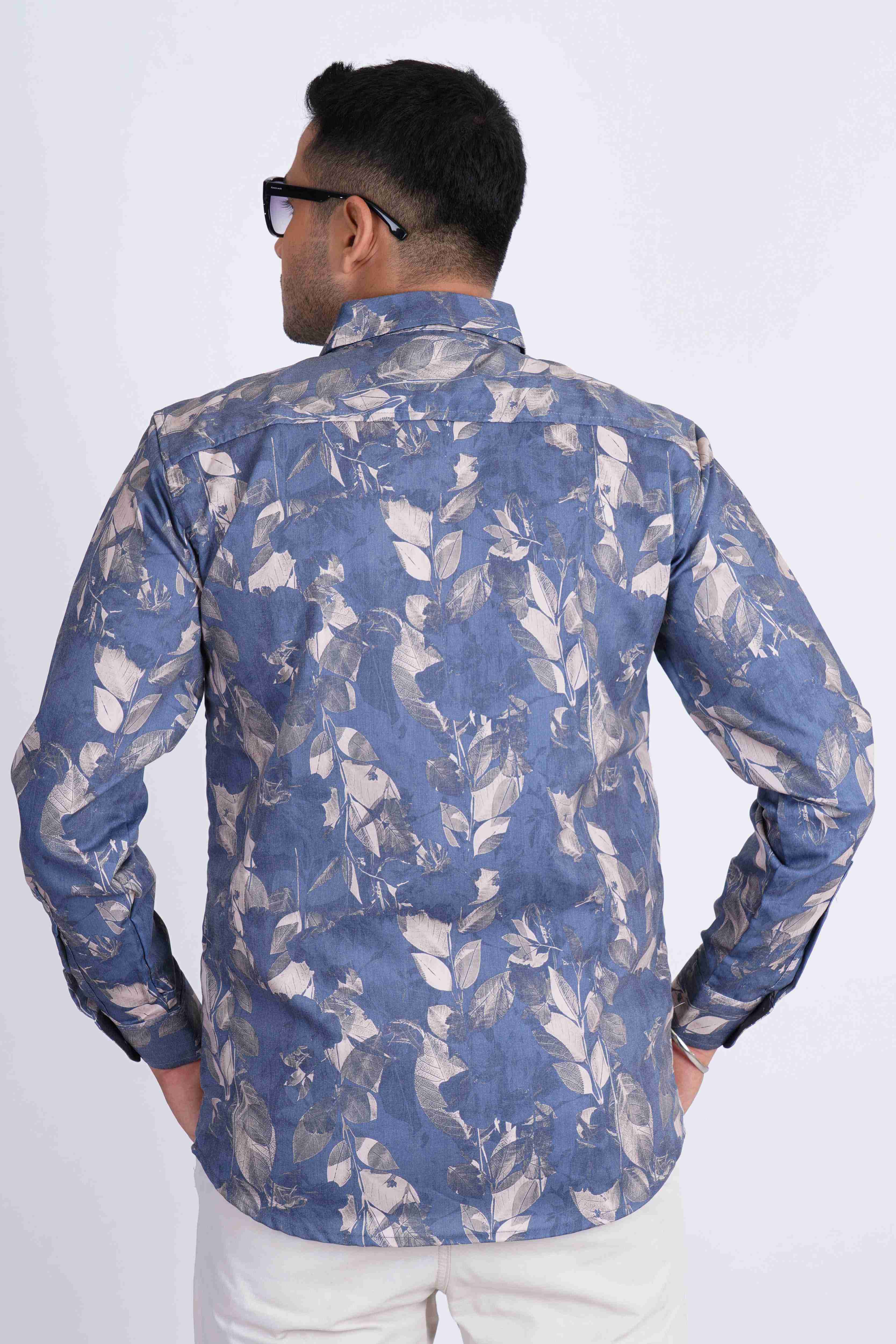 Blue Grey Leaves Abstract Imported Lycra Print Shirt