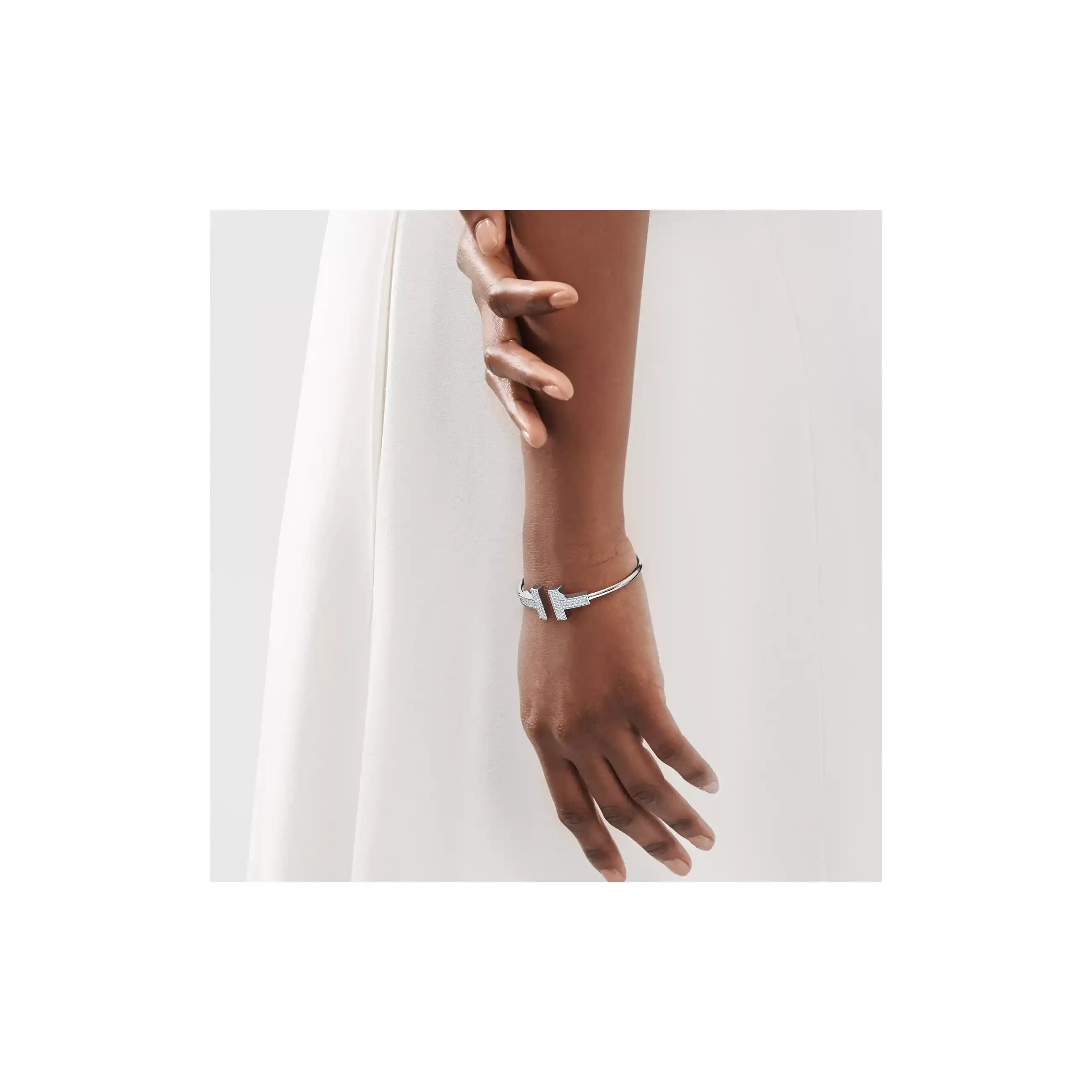 Tiffany T: Wide Diamond Wire Bracelet in White Gold