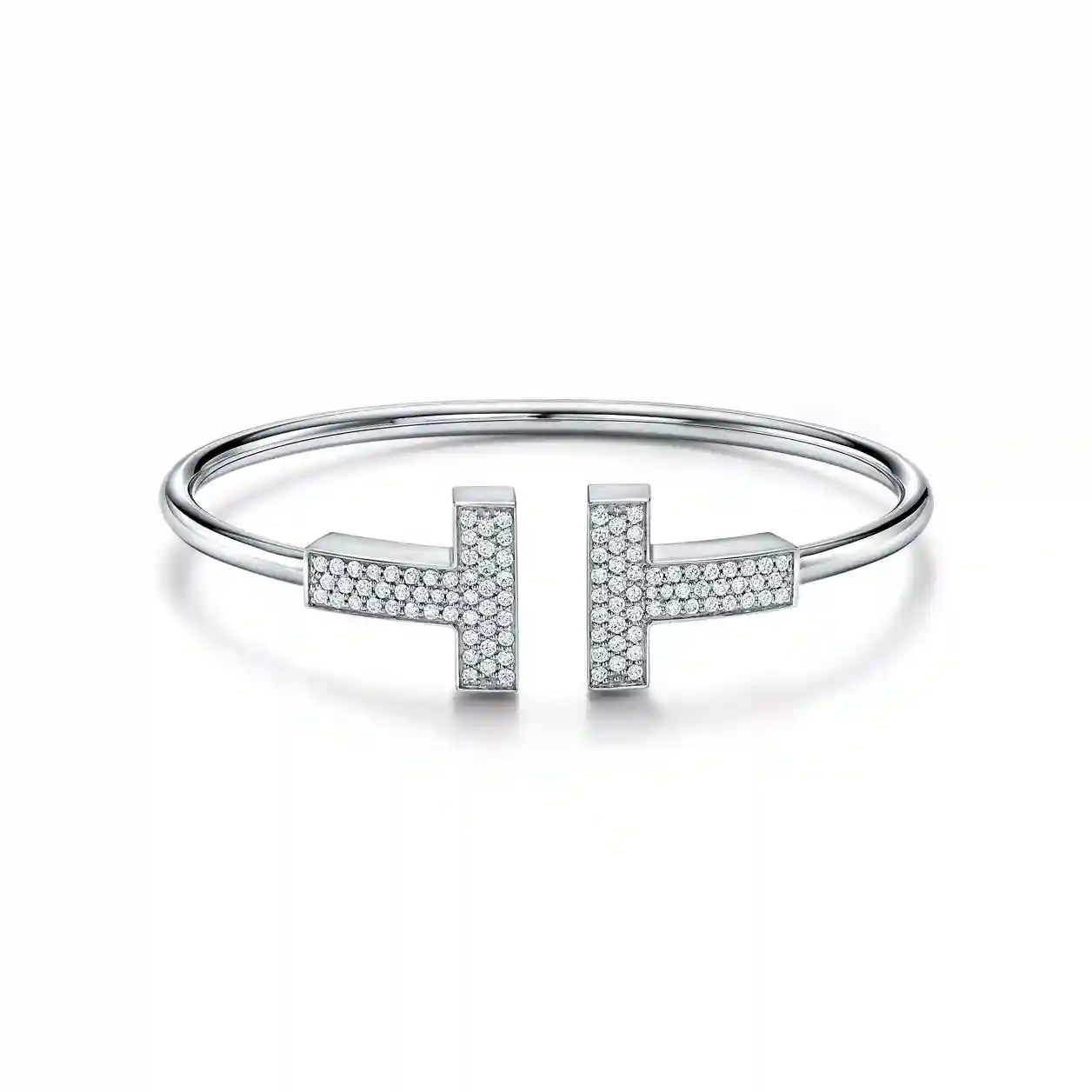 Tiffany T: Wide Diamond Wire Bracelet in White Gold