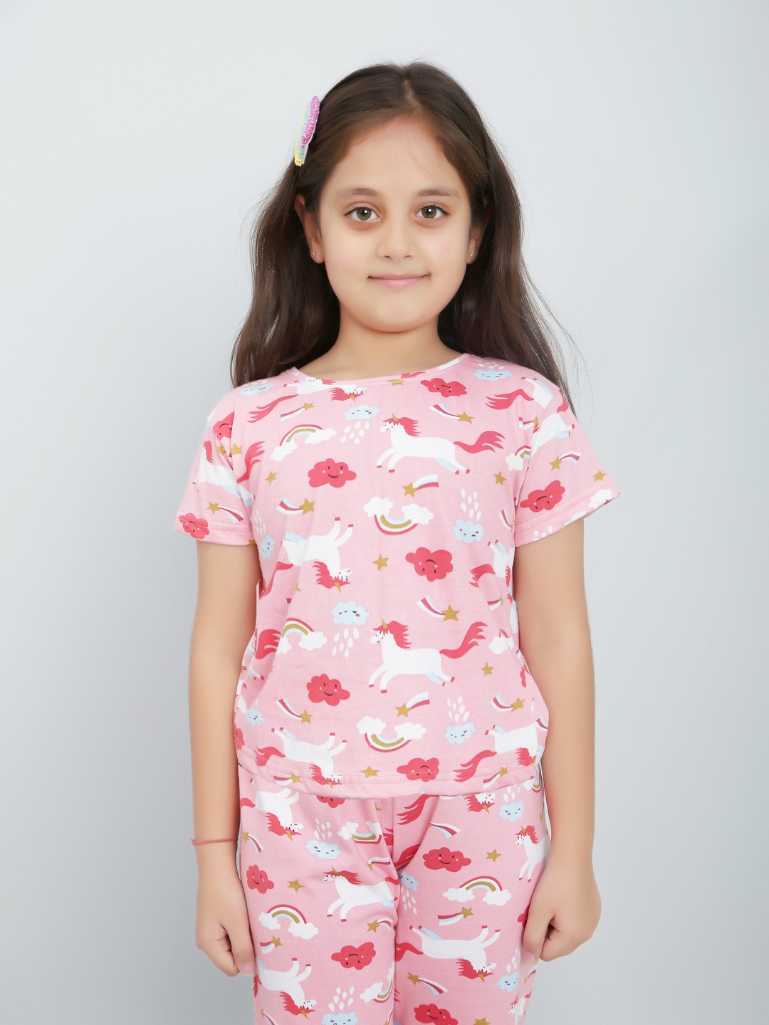 Ninos Dreams Girls Cotton Half Sleeves Coord set Unicorn Printed with Lower - Pink