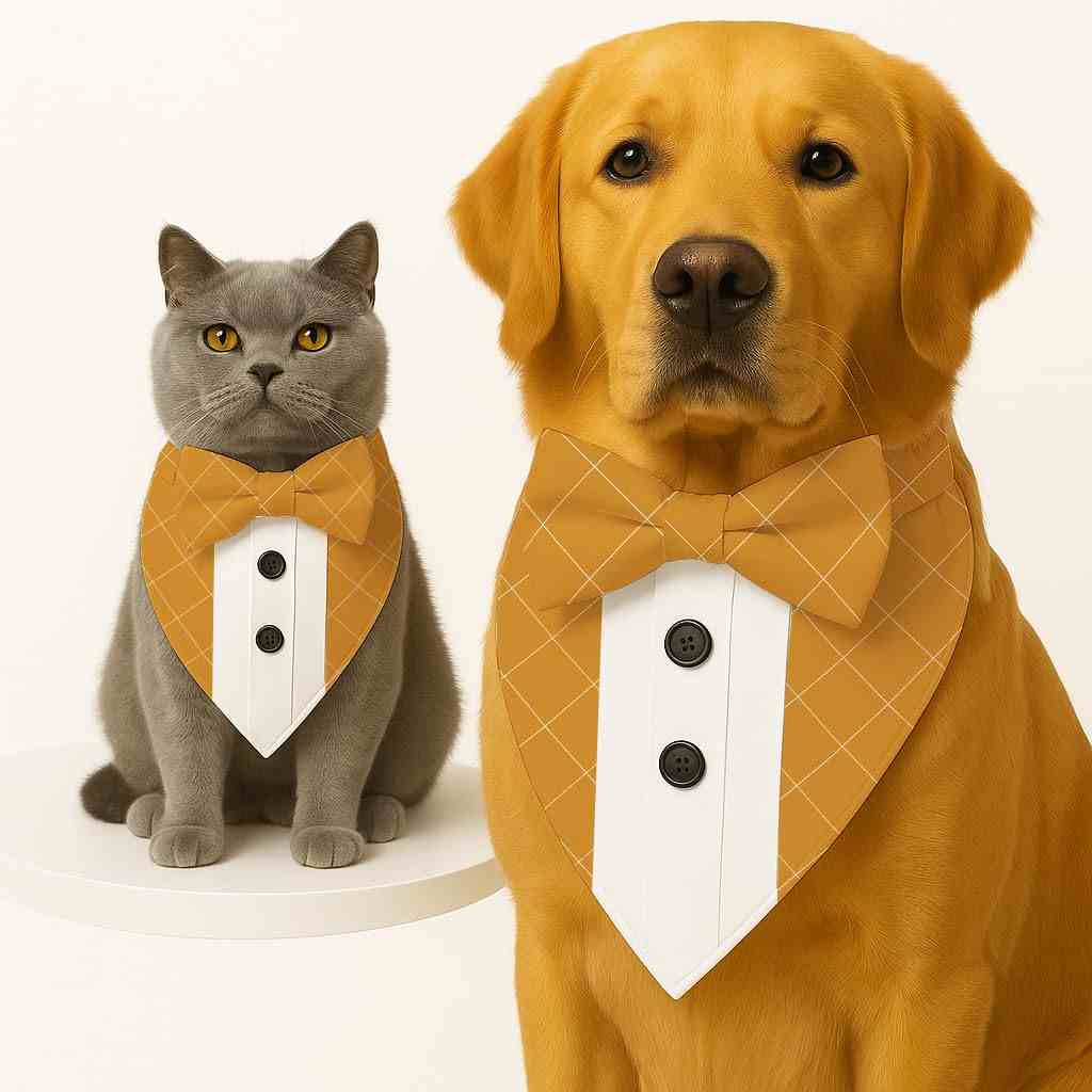 PawsIndia Mustard  Checks Pattern Tuxedo Bandana with Matching Bow for Pets