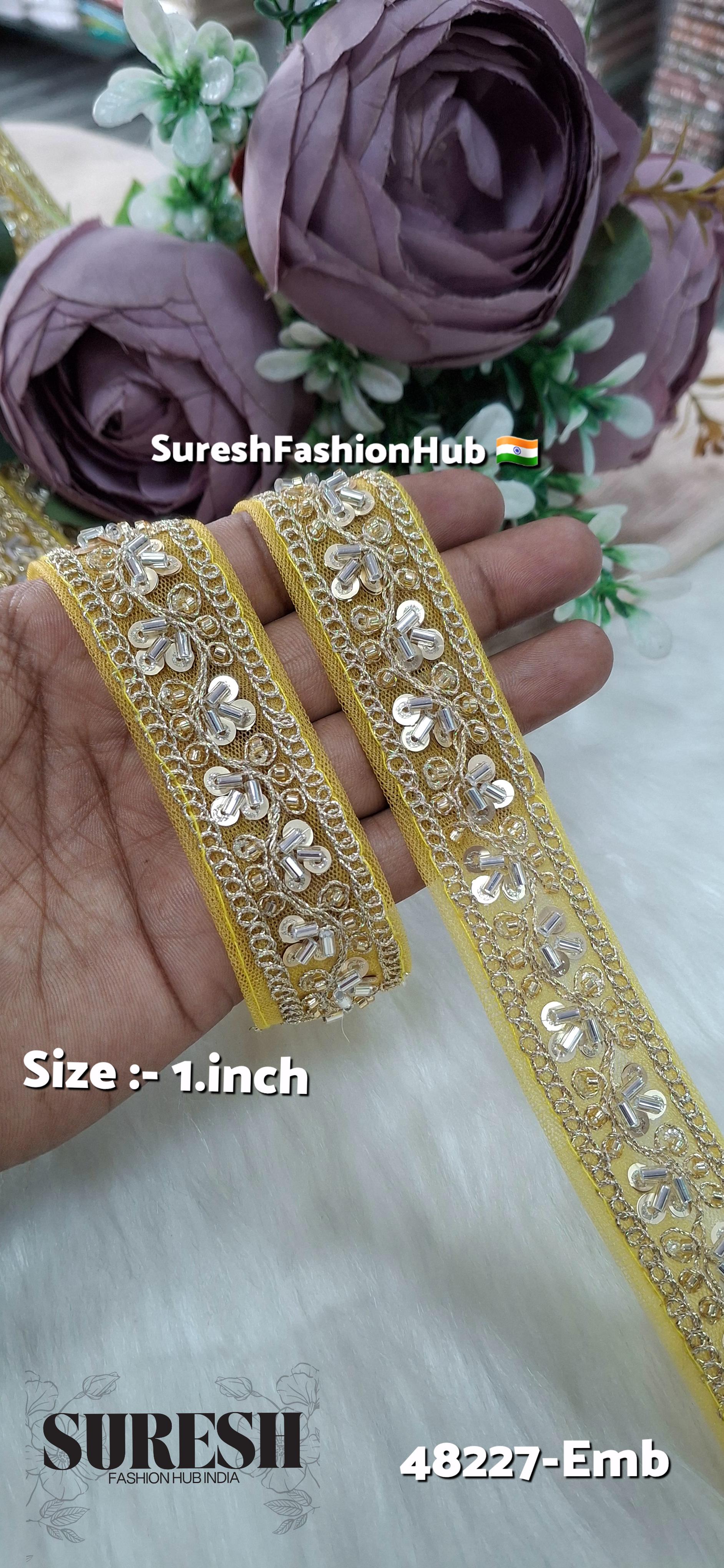 Yellow Pearl Embroidery Net Lace