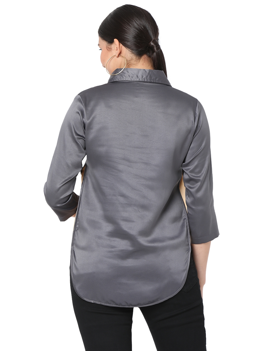 Smarty Pants | Smarty Pants women's silk satin grey color apple cut formal shirt. 3