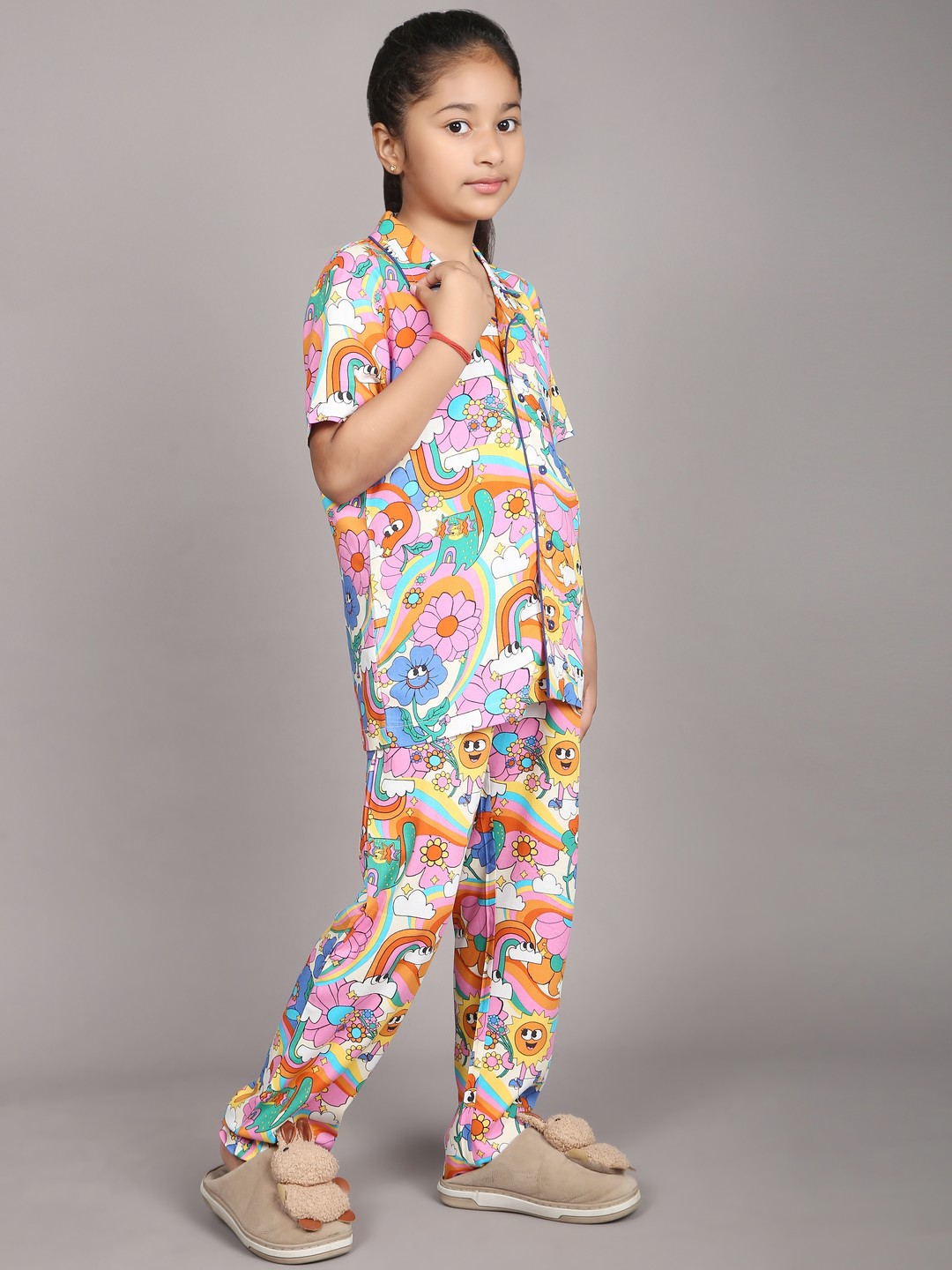 Ninos Dreams Girls Cotton Half sleeves Night Suit Multicolour Cartoon Print