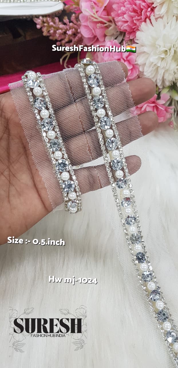 Silver Handmade Diamond Rhinestone & Pearl Border on Net – M.J-1024