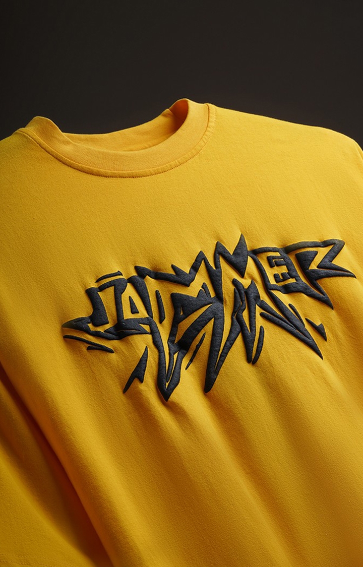 Unisex J Basic Yellow Typographic Printed Oversized T-Shirt