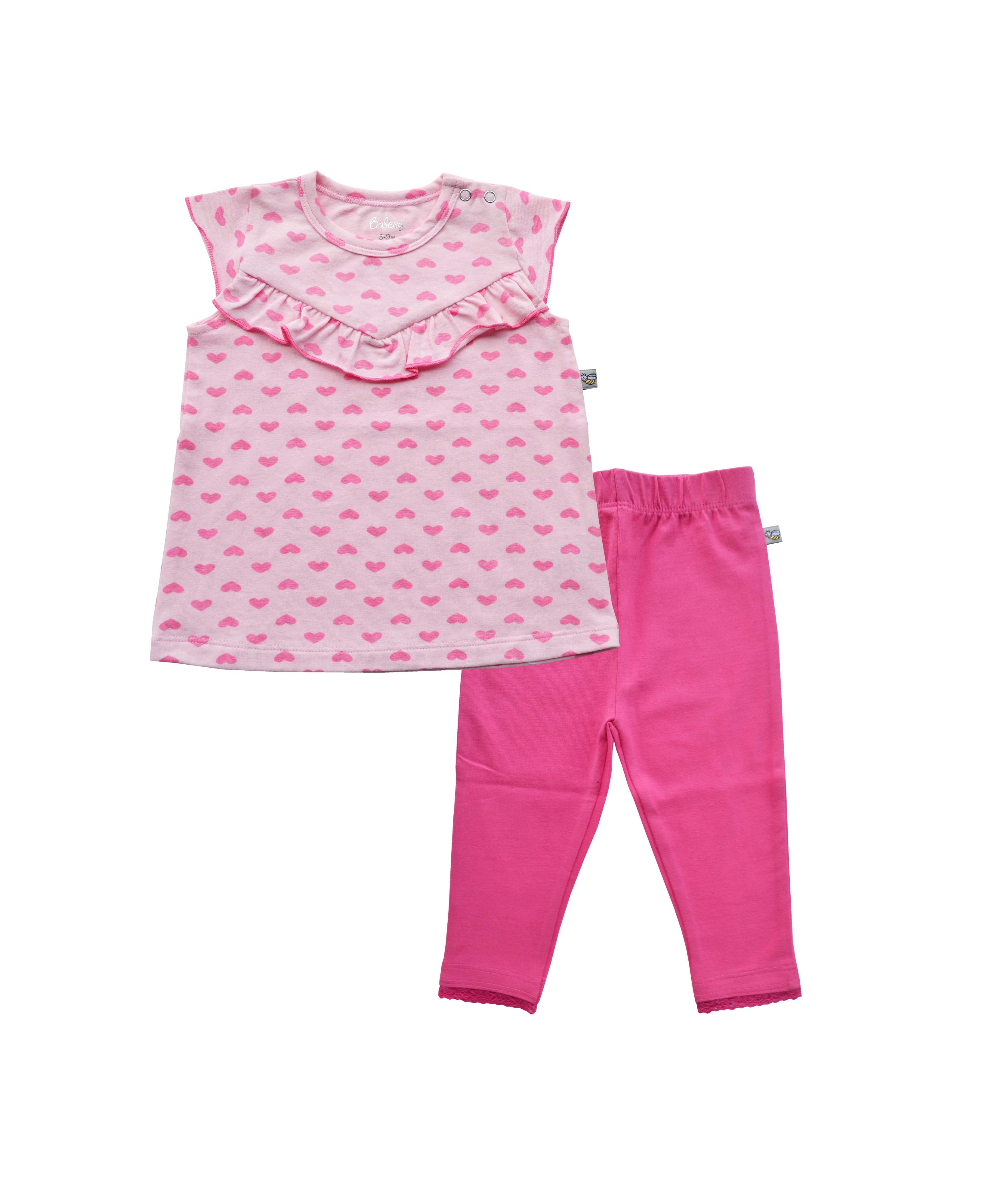 Allover Heart Print on Pink Sleeveless Top and Fushia Solid Leggings (95% Cotton 5% Elasthan Jersey)