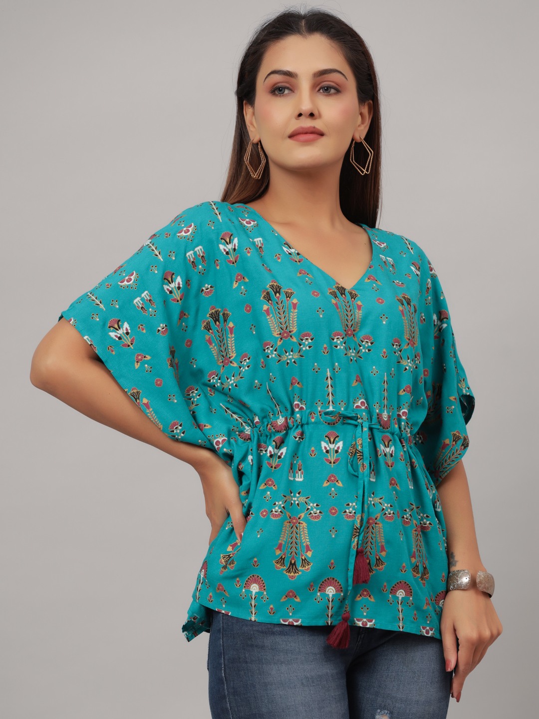 V-Neck Printed Rayon Kaftan Top