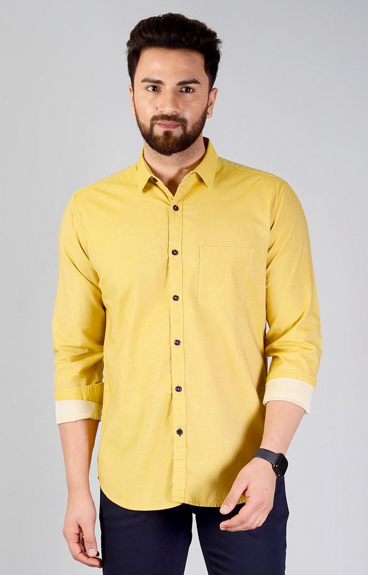 JadeBlue | Men's Yellow Cotton Solid Semi Casual Shirts 0