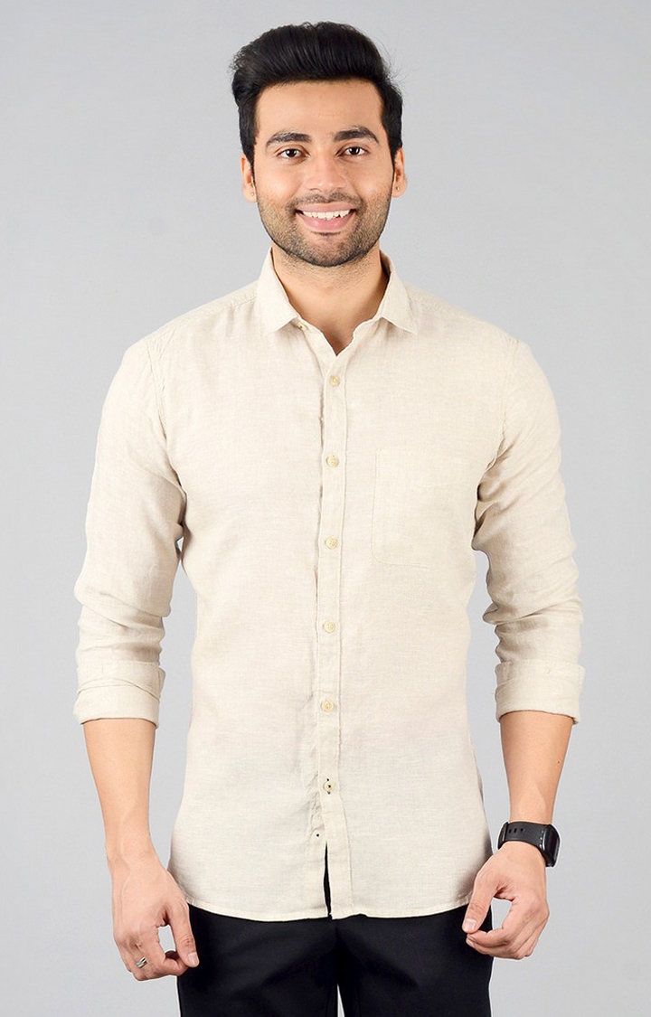 JadeBlue | Men's Beige Linen Solid Semi Casual Shirts 0