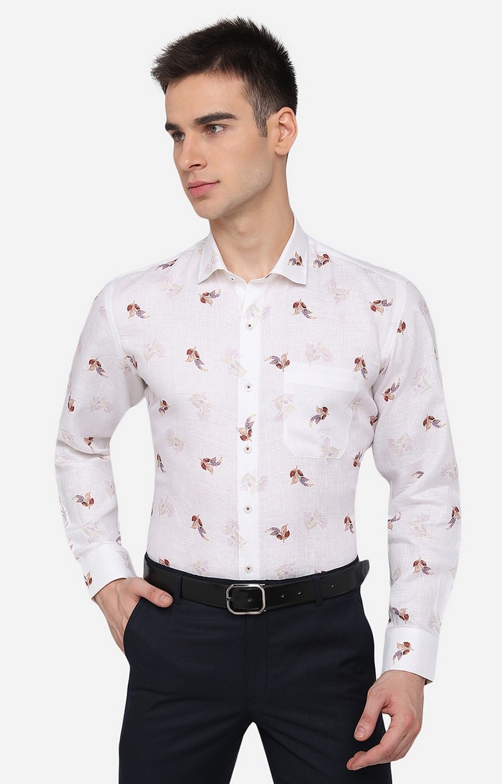 JadeBlue | Men's White Linen Printed Formal Shirts 0