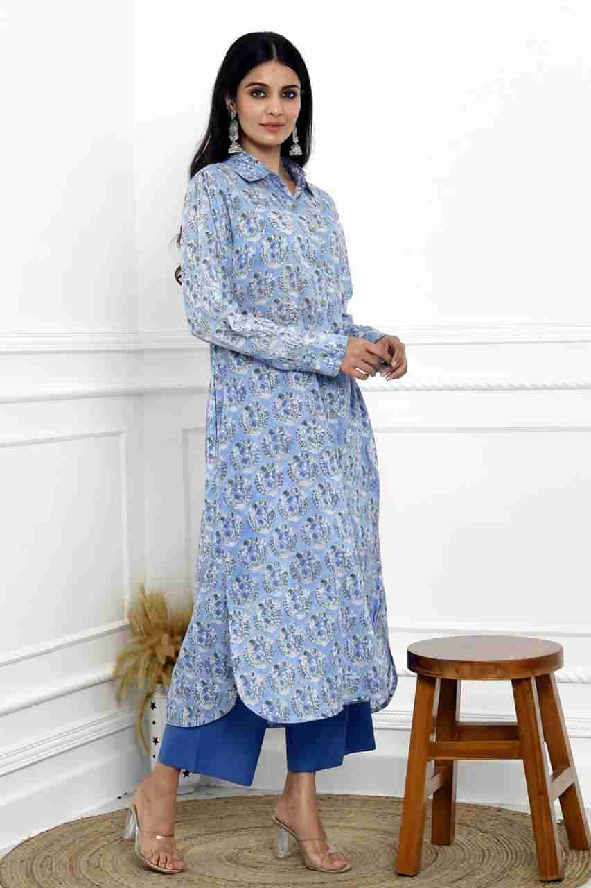 Naksh Indigo Blue Block Printed Long Shirt Kurta With Pockets