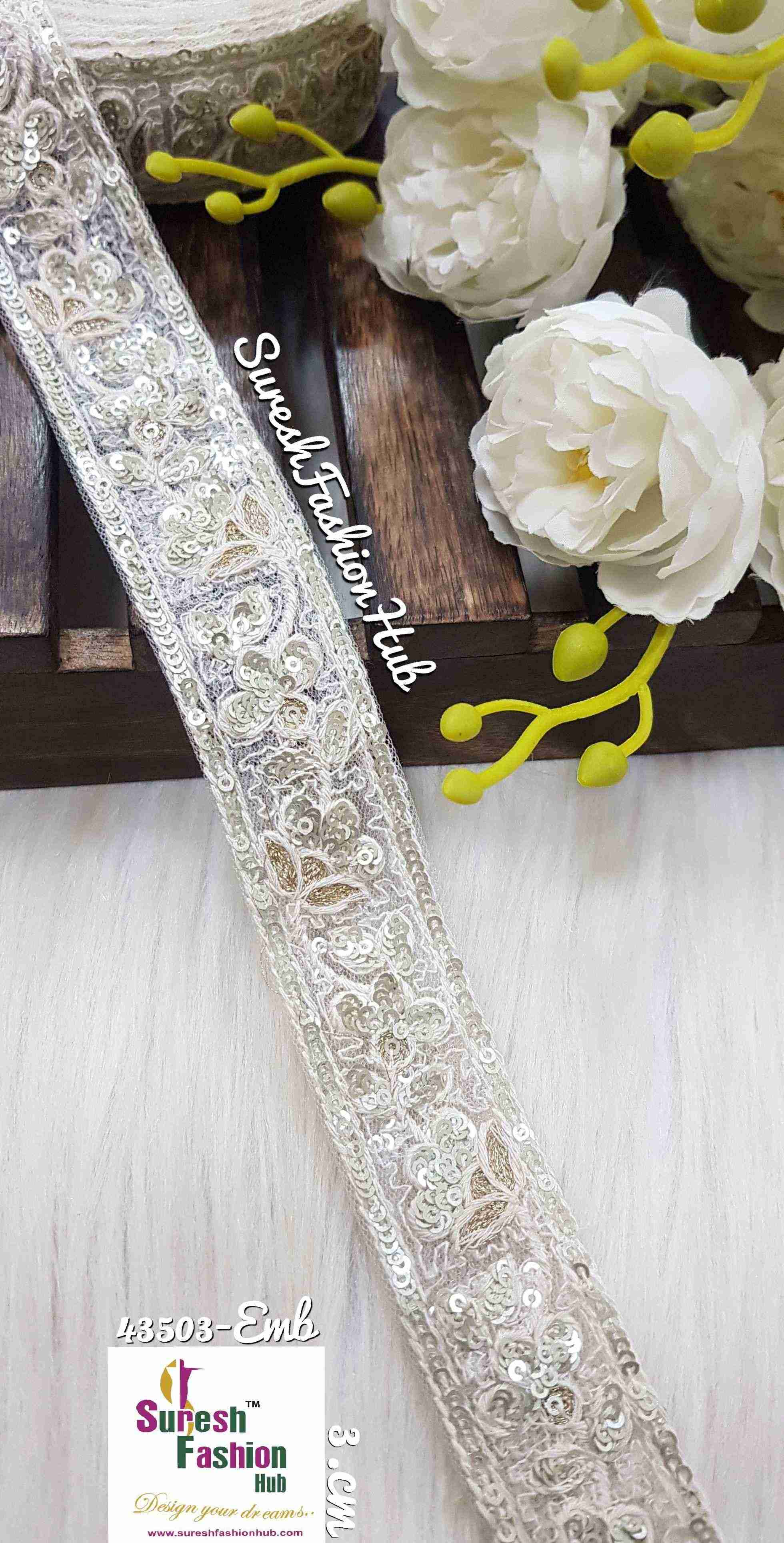Gold Zari Web with White  Sequence Shine Net Embroidered Trim