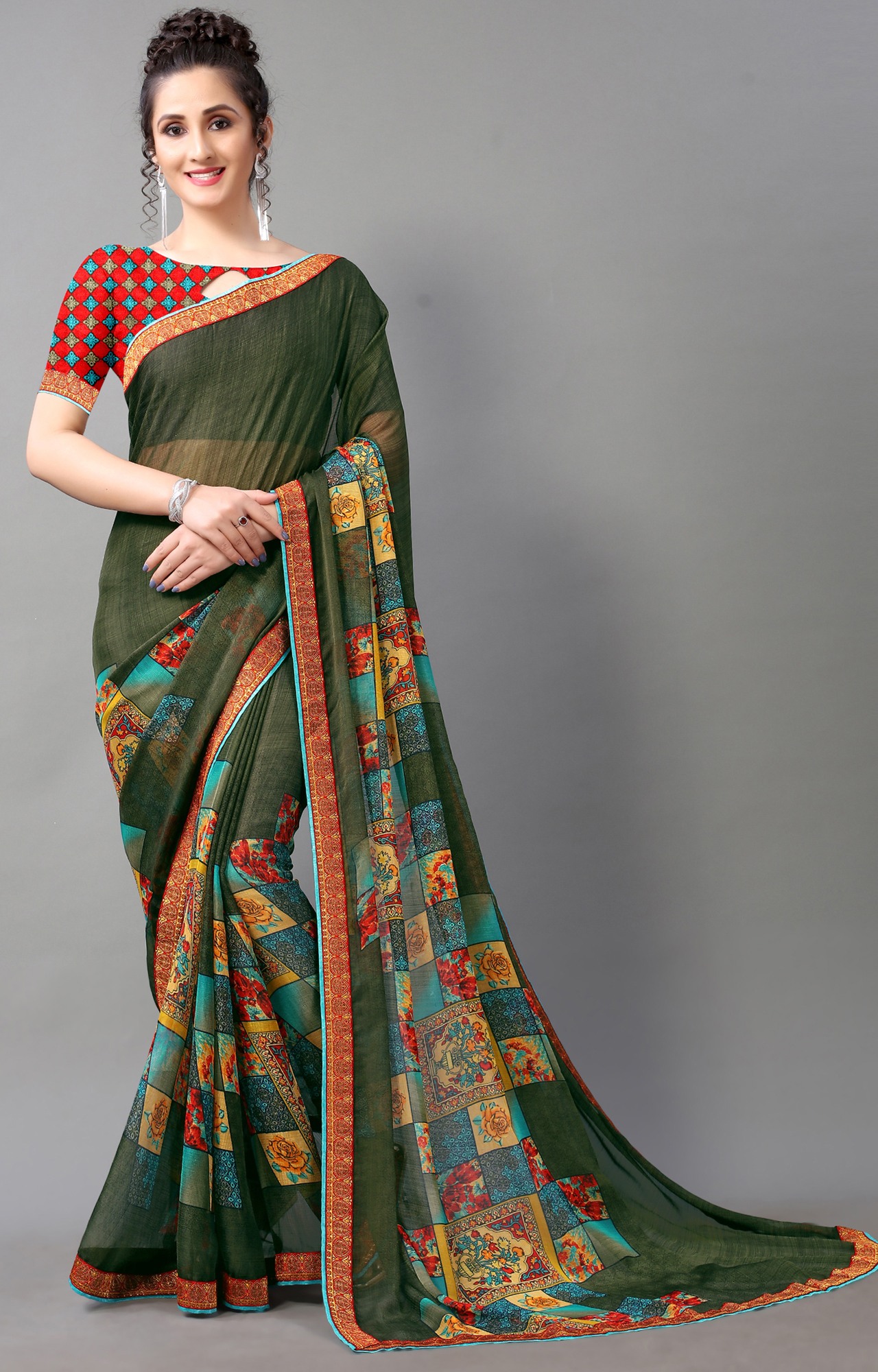 Women Green Chiffon Floral Print Saree-S_L21SHUBHLABH31010SSR01