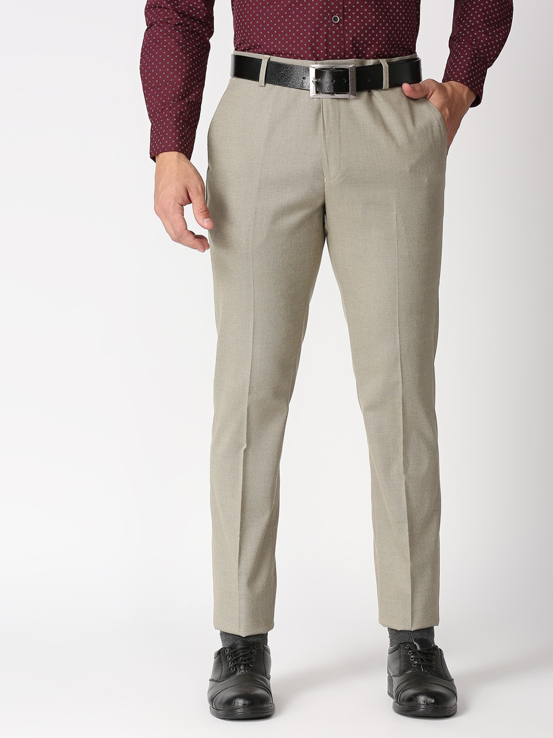 Men's Grey Polyester Checked Formal Trousers