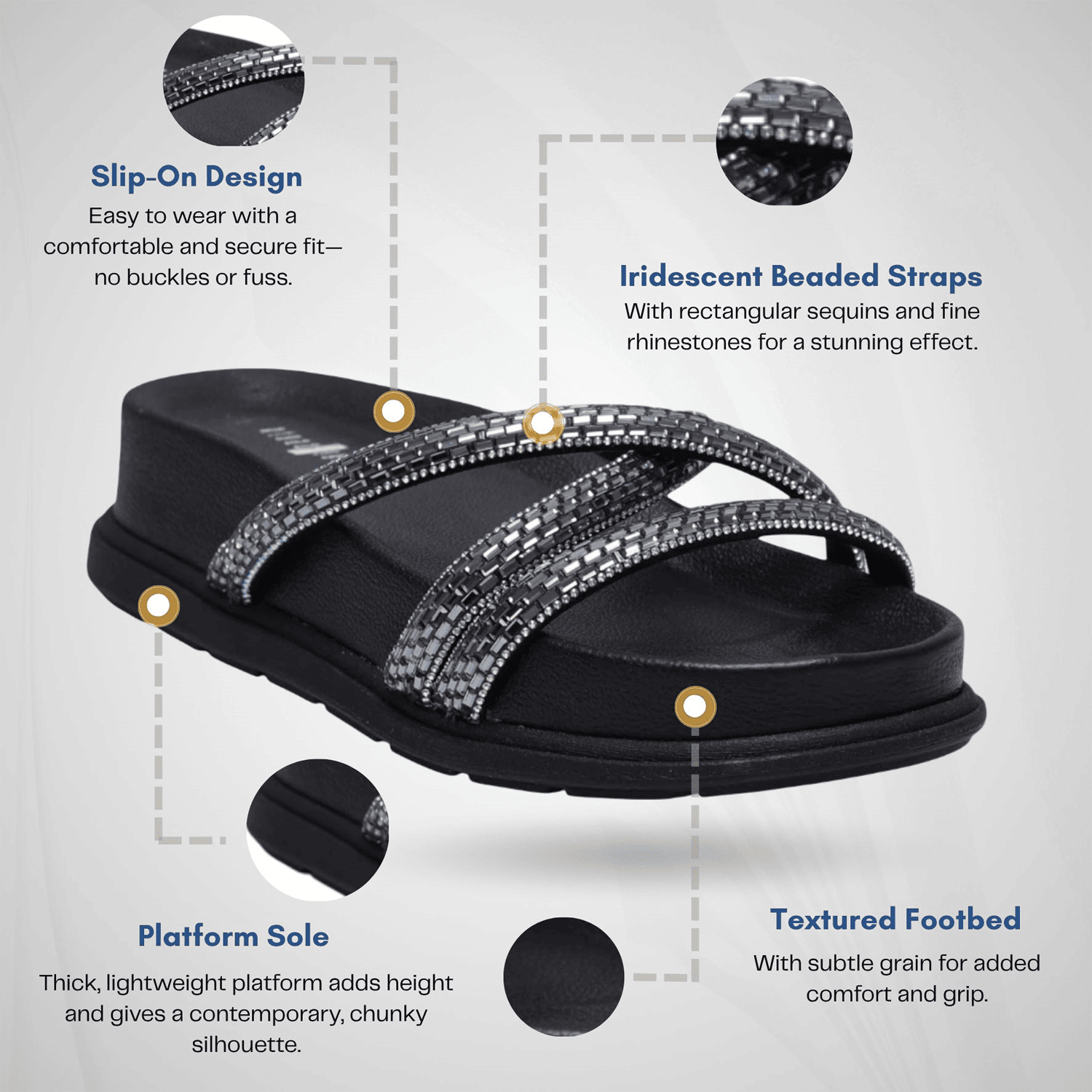 Women Black Sparkle Band Slides