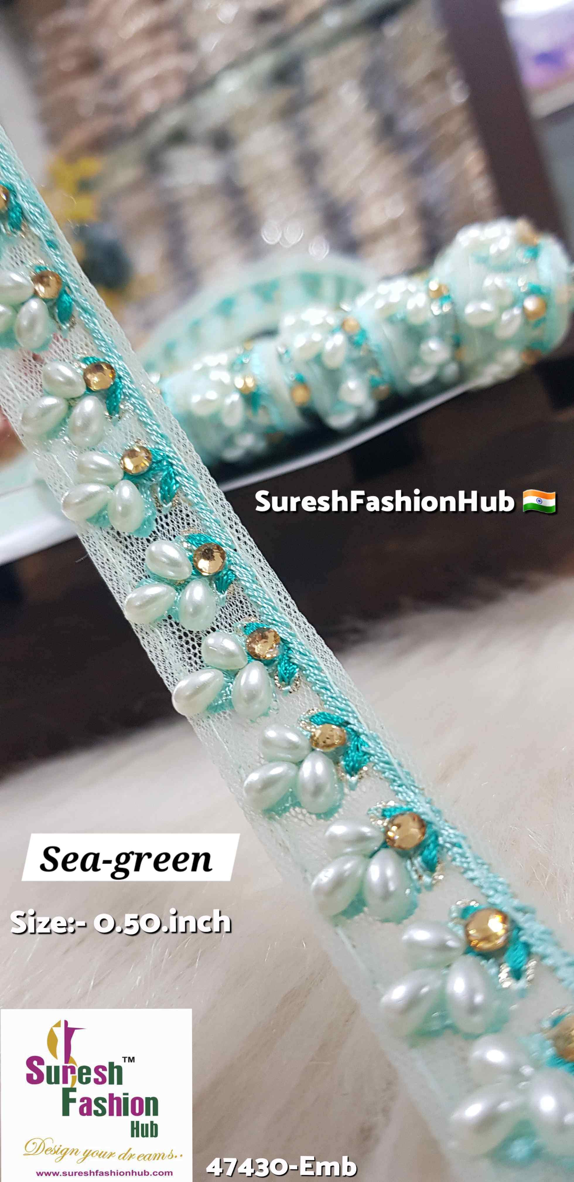 LuxeGlimmer Embroidered Trim Sea Green Color