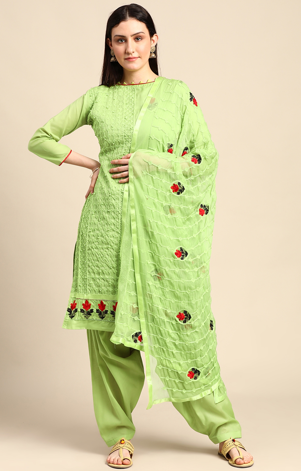 Shaily Women Perrot Green Color Cotton Embroidered With Pearl Unstitched Dress Material-VF_BJP_PAGRN_DM