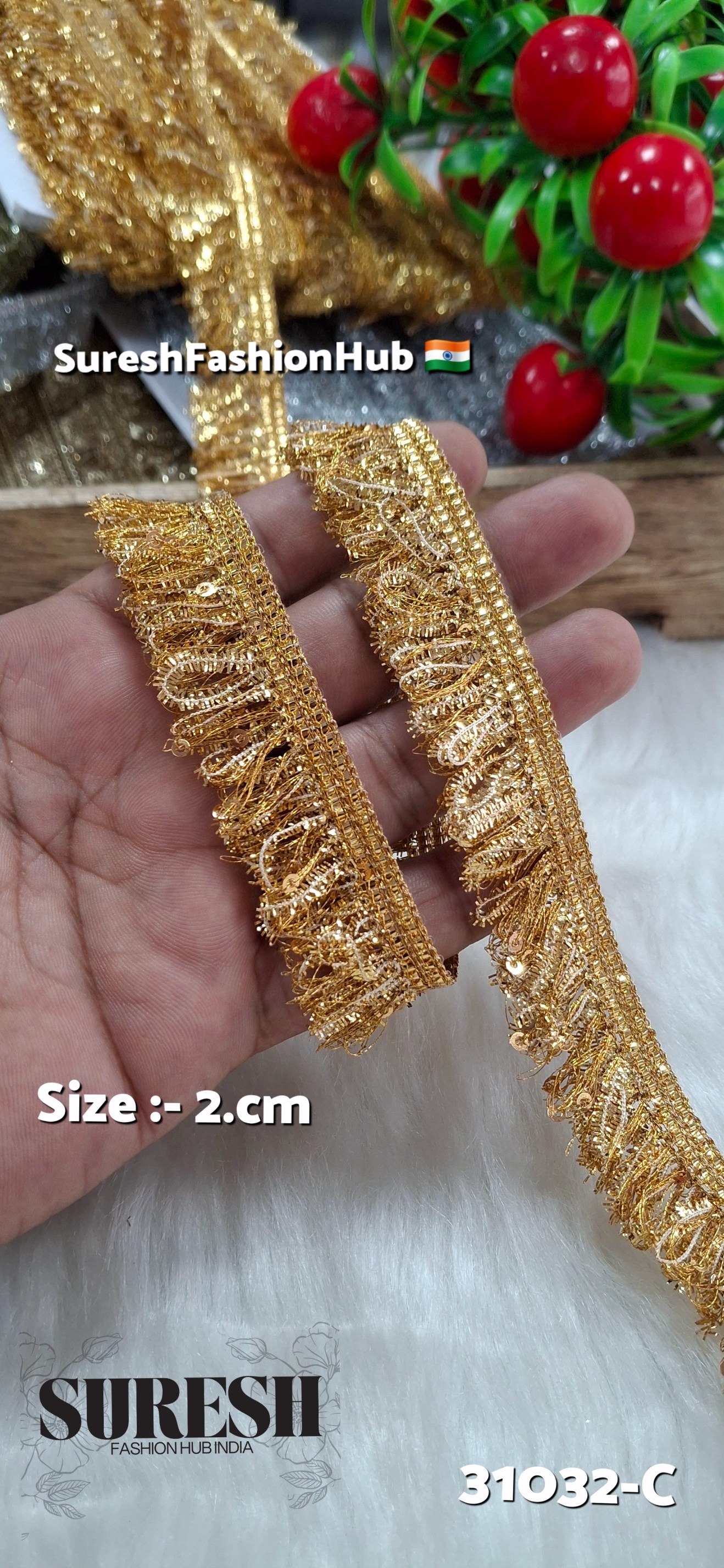 Antique Gold Zari Feather Sequin Fringe Lace – Design 31032-C