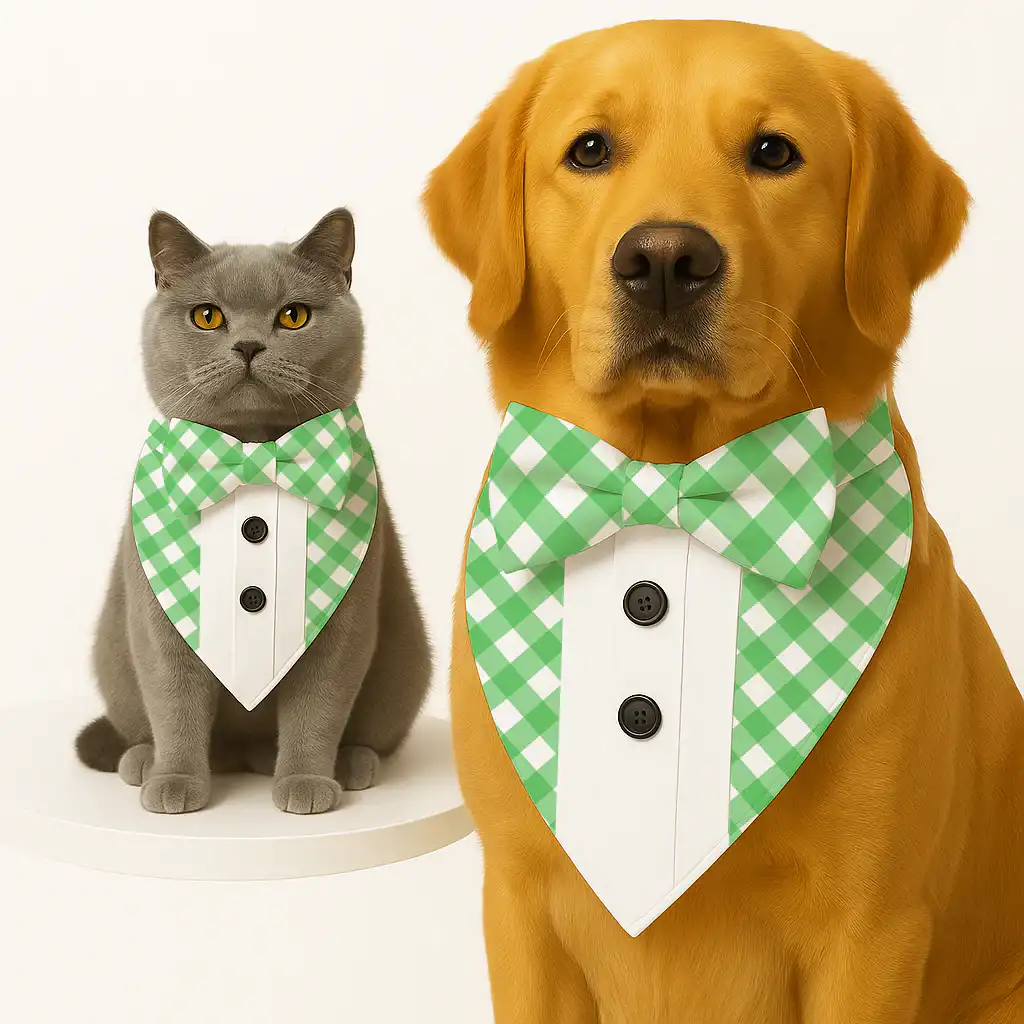 PawsIndia Green Checks Pattern Tuxedo Bandana with Matching Bow for Pets