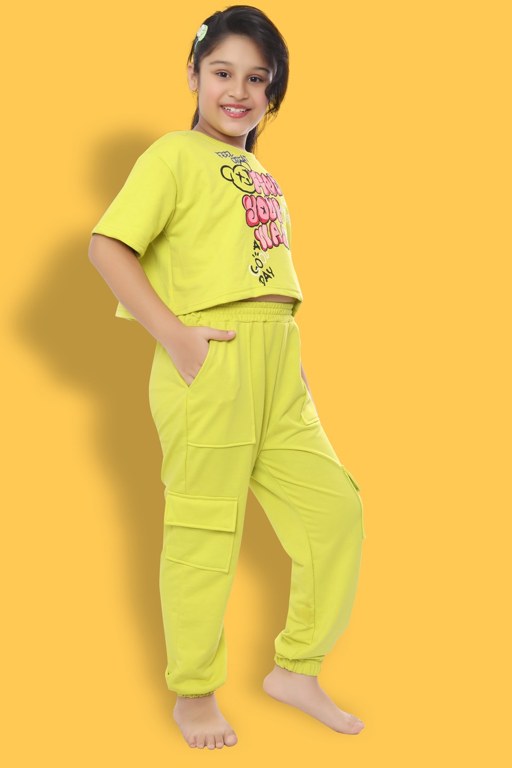 Ninos Dreams Girls Solid Cargo Style Joggers with Oversized Crop Top- Lemon Yellow