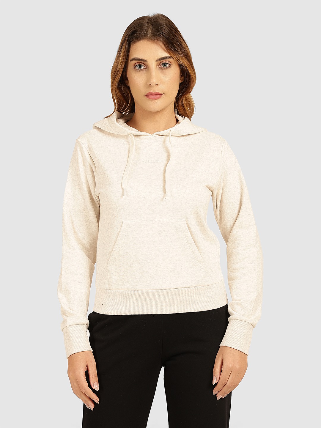 Guess Off White Cotton Solid Hoodie Women