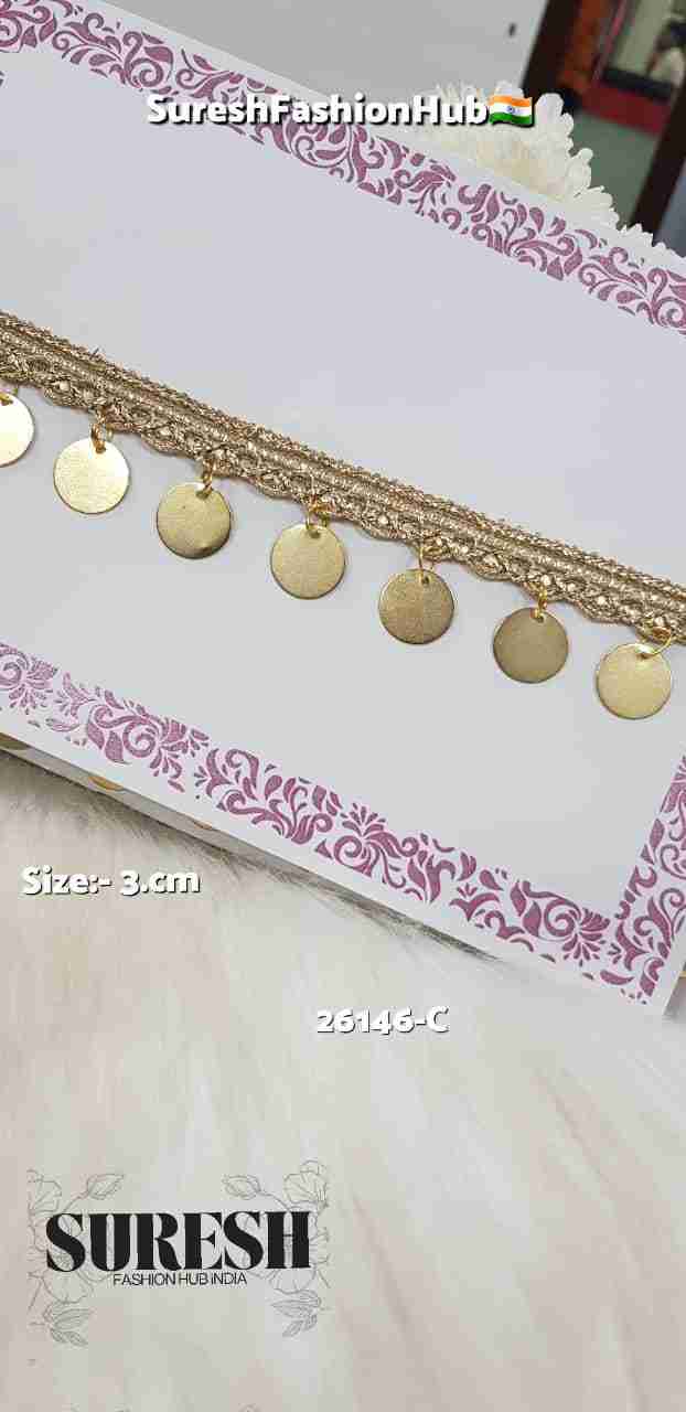 Pearl Gold Metal Sequin Hanging Jhalar Lace – 26146-C