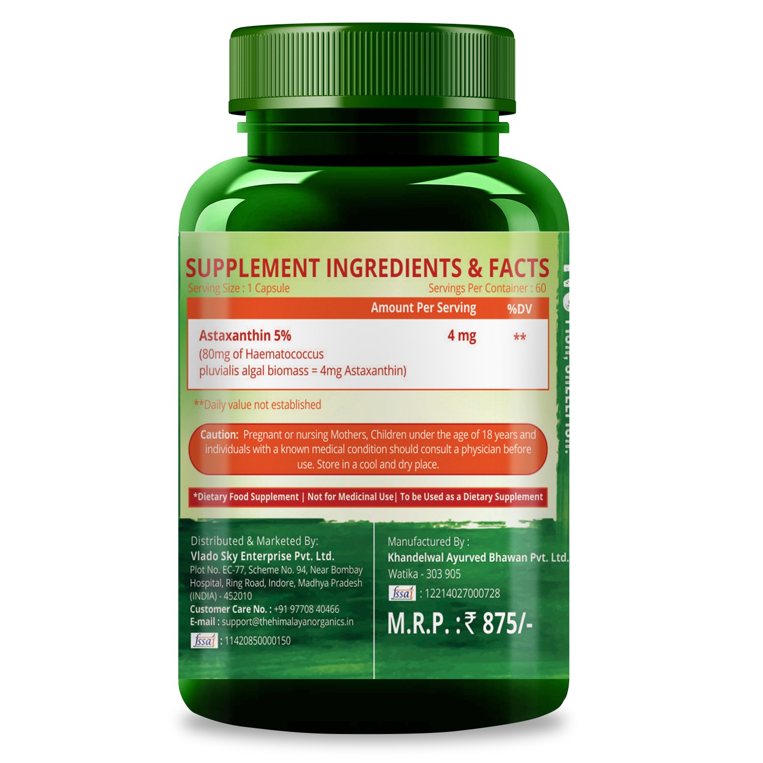 Himalayan Organics Naturally Sourced Astaxanthin 4mg | Antioxidant for Skin, Eye & Energy | 60 Veg Capsules