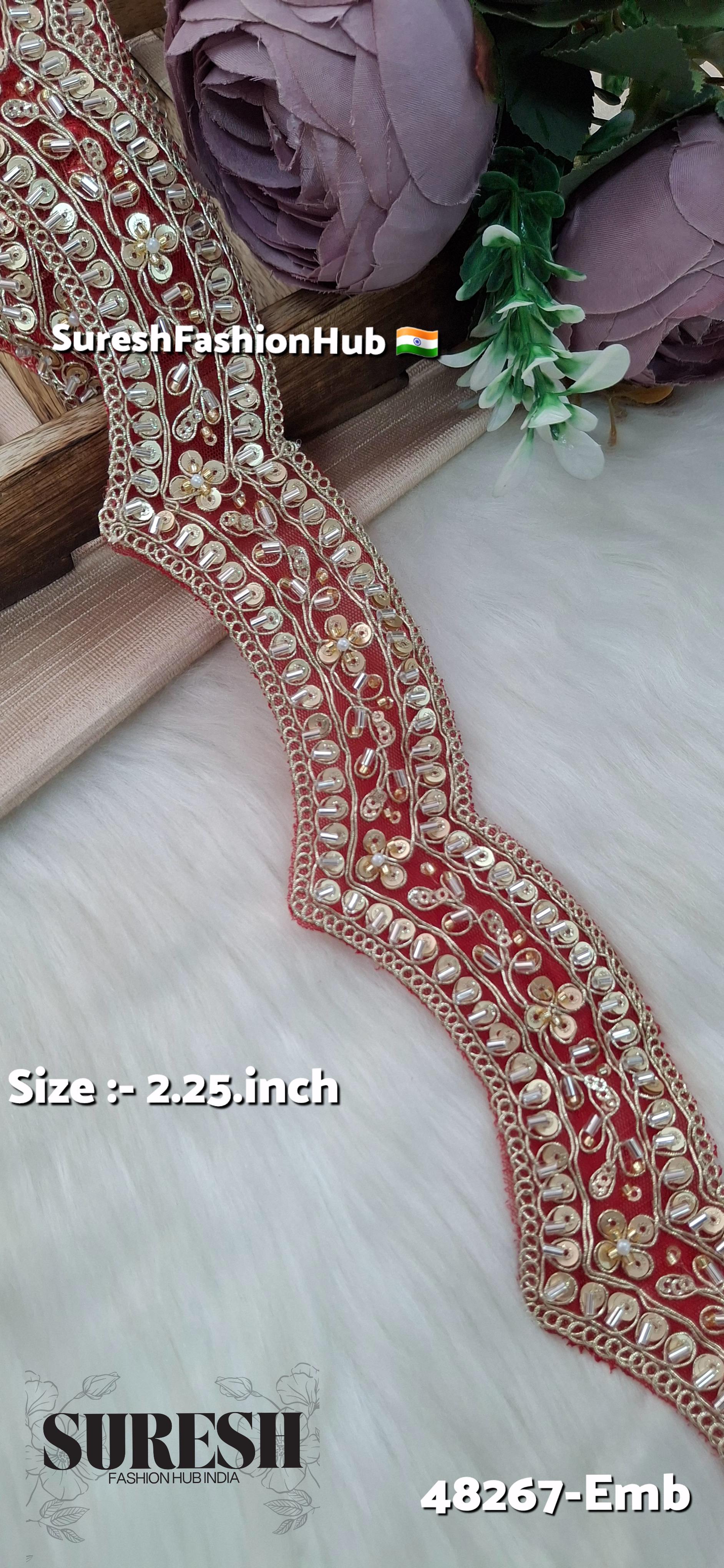 Red Scallop Pearl Embroidery Lace