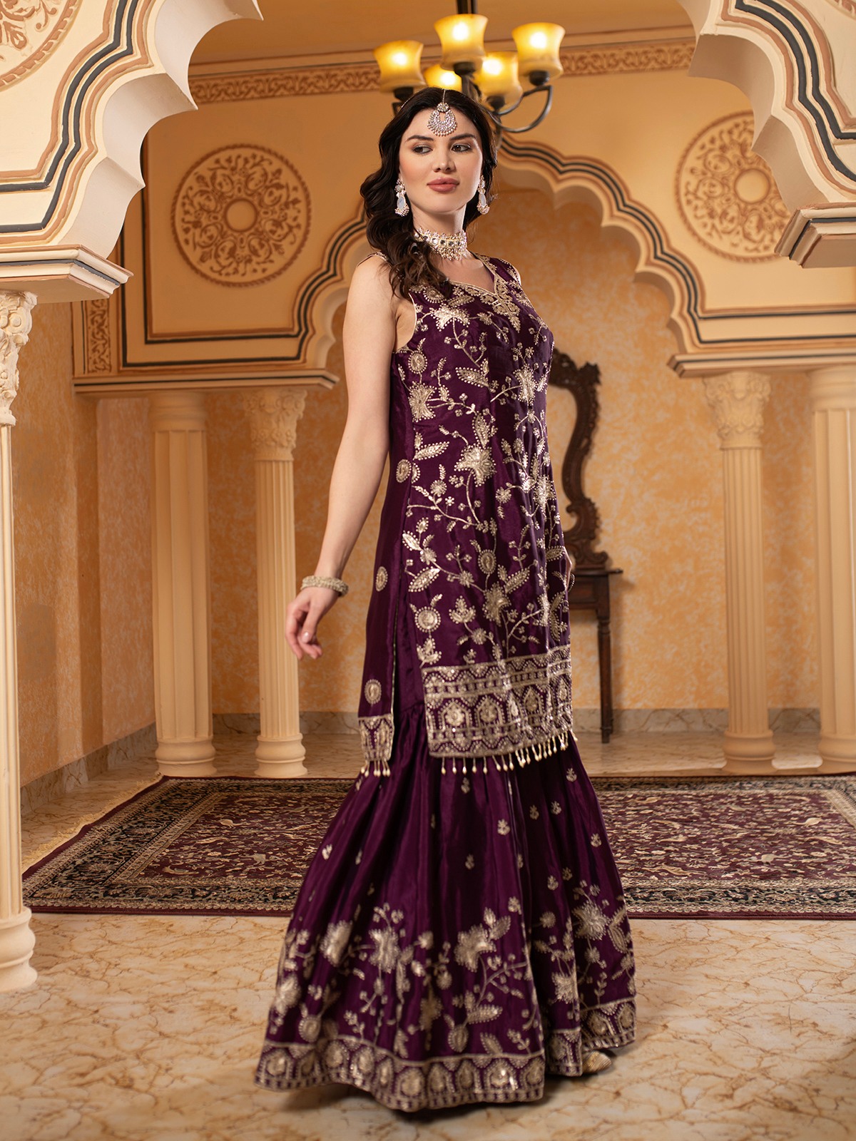 ALBION FANCY LADIES ETHNIC PURPLE KURTI SET