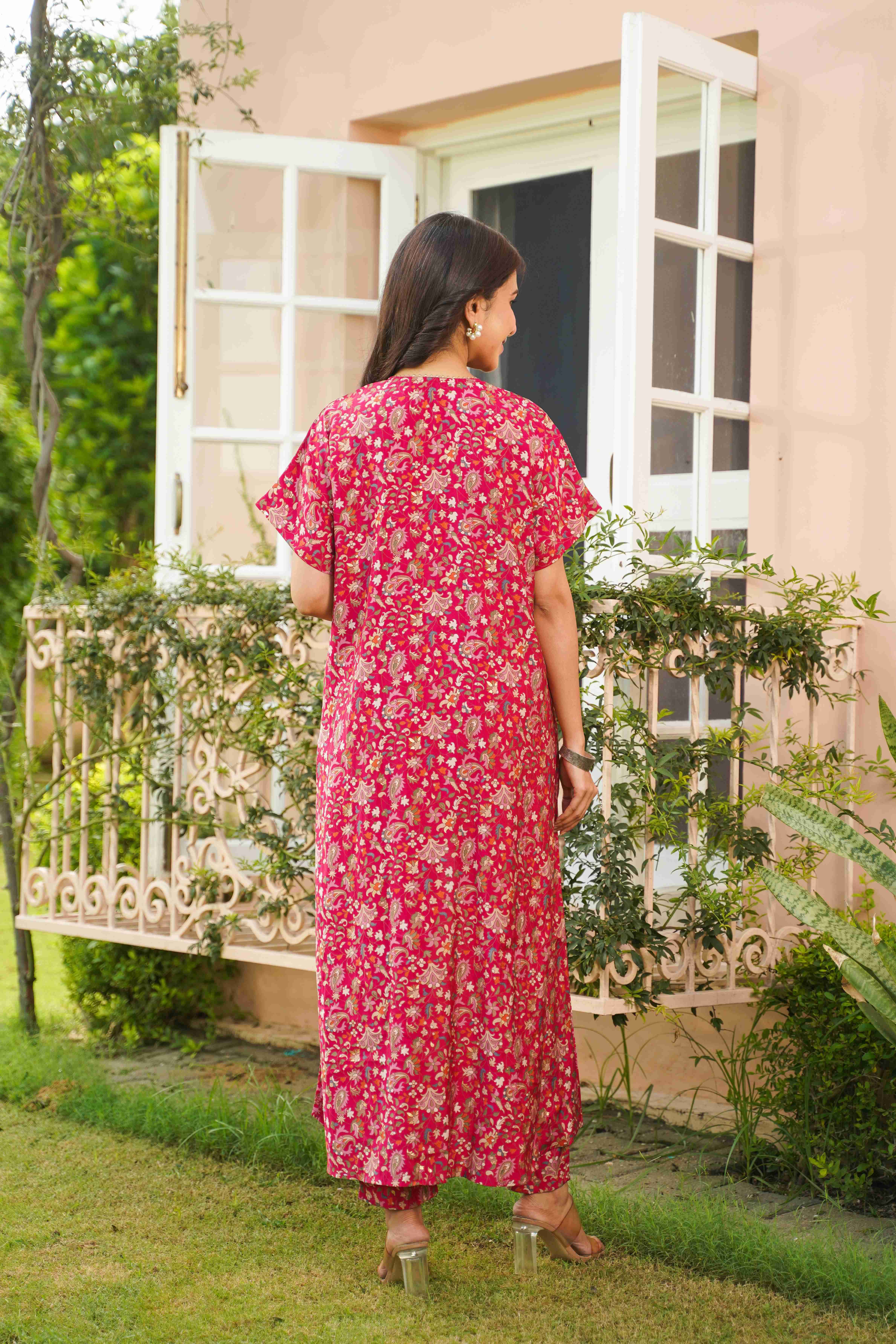 Pink Muslin Printed High-Low Kurta With Pants