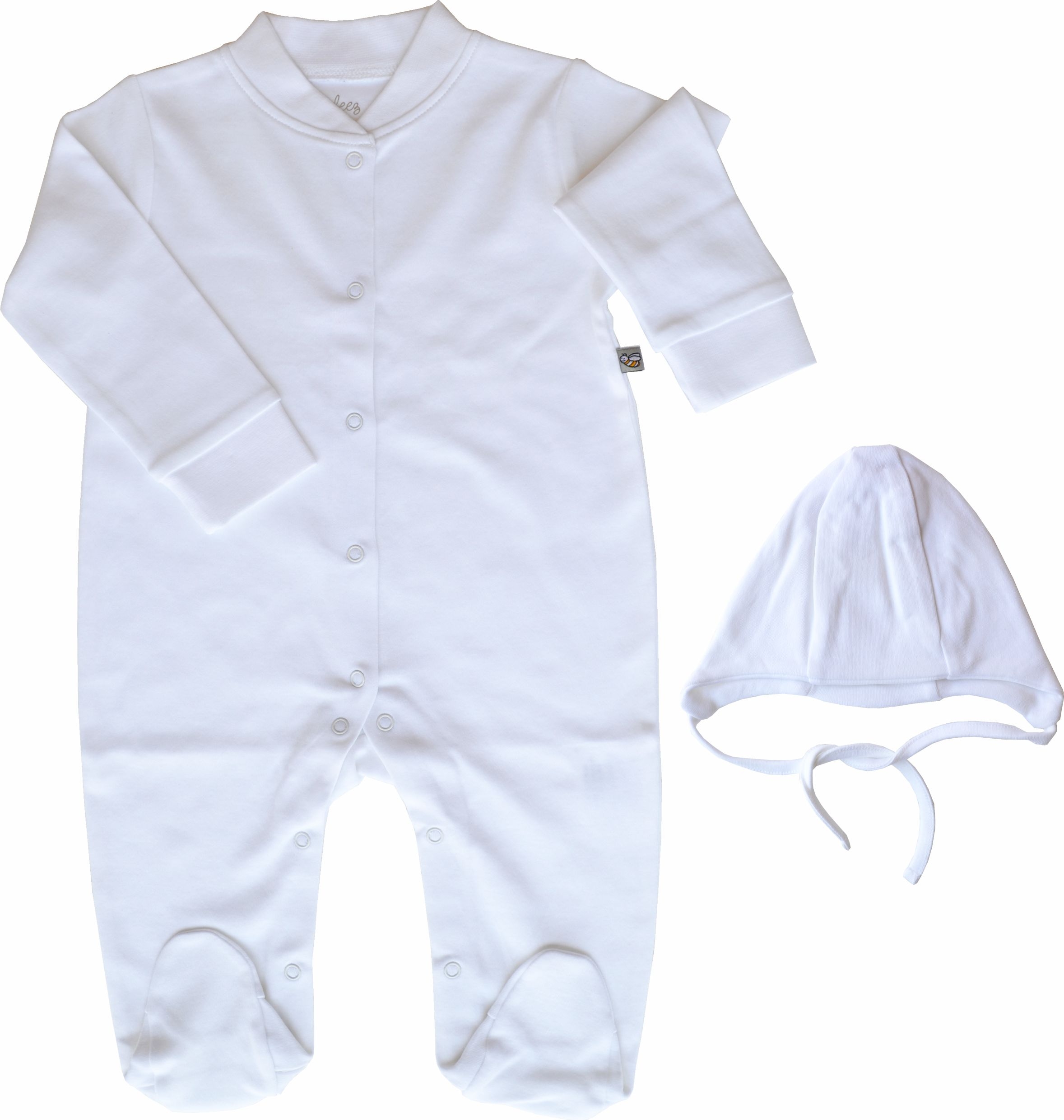 White Full Sleeper/Romper with Feet+White Cap(100% Cotton)