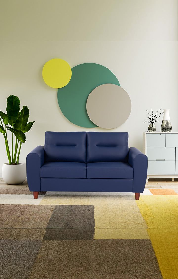 neudot Scott Sofa for Living Room |2 Persons Sofa|Premium Leatherette with Cushioned Armrest | Solid Wood Frame|2 Seater in Cobalt Blue Color