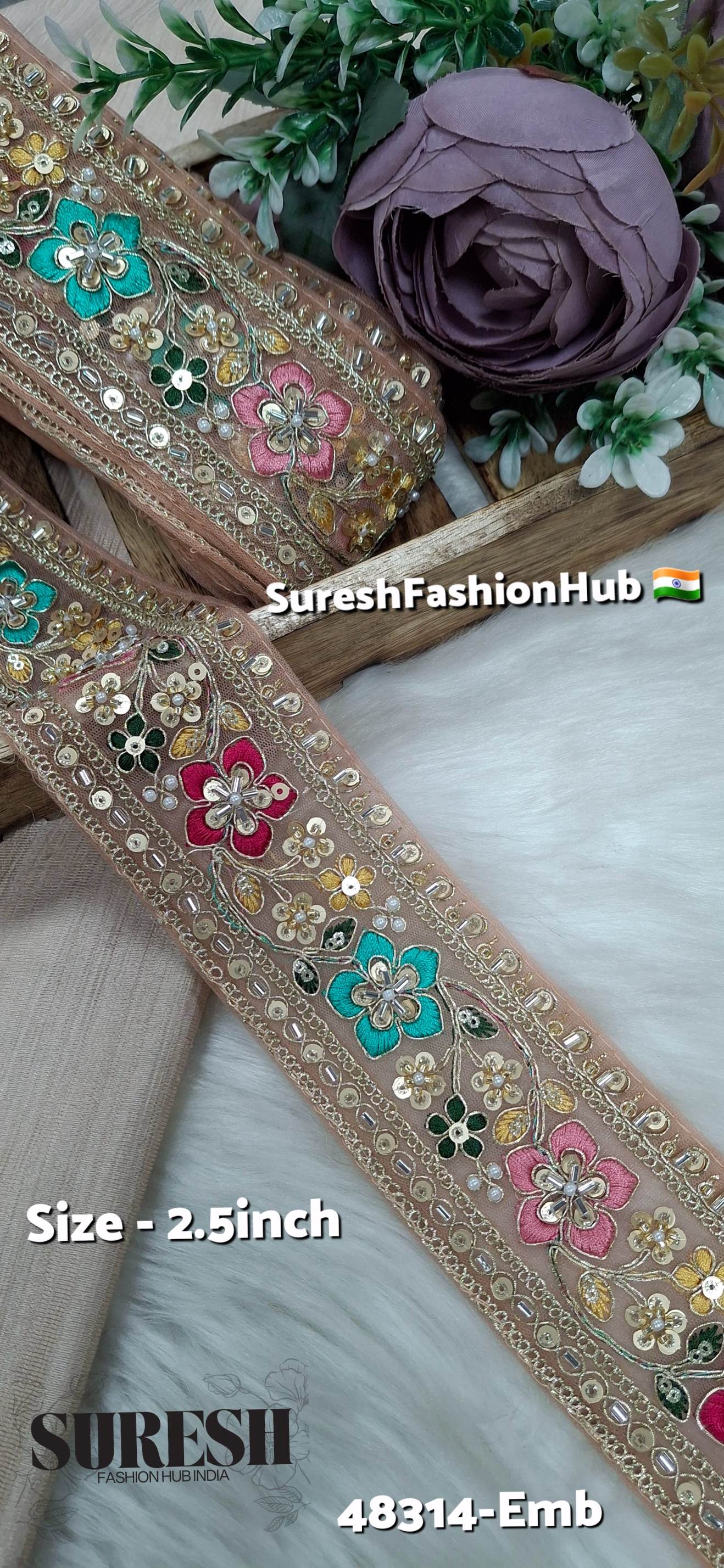 Peach Multicolor Kaddana Floral Embroidery Lace