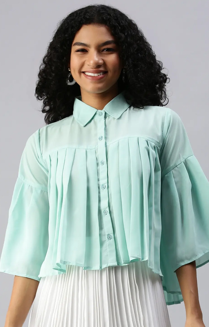 Showoff | SHOWOFF Women Sea Green Solid Shirt Collar Three-Quarter Sleeves Regular A-Line Top 0