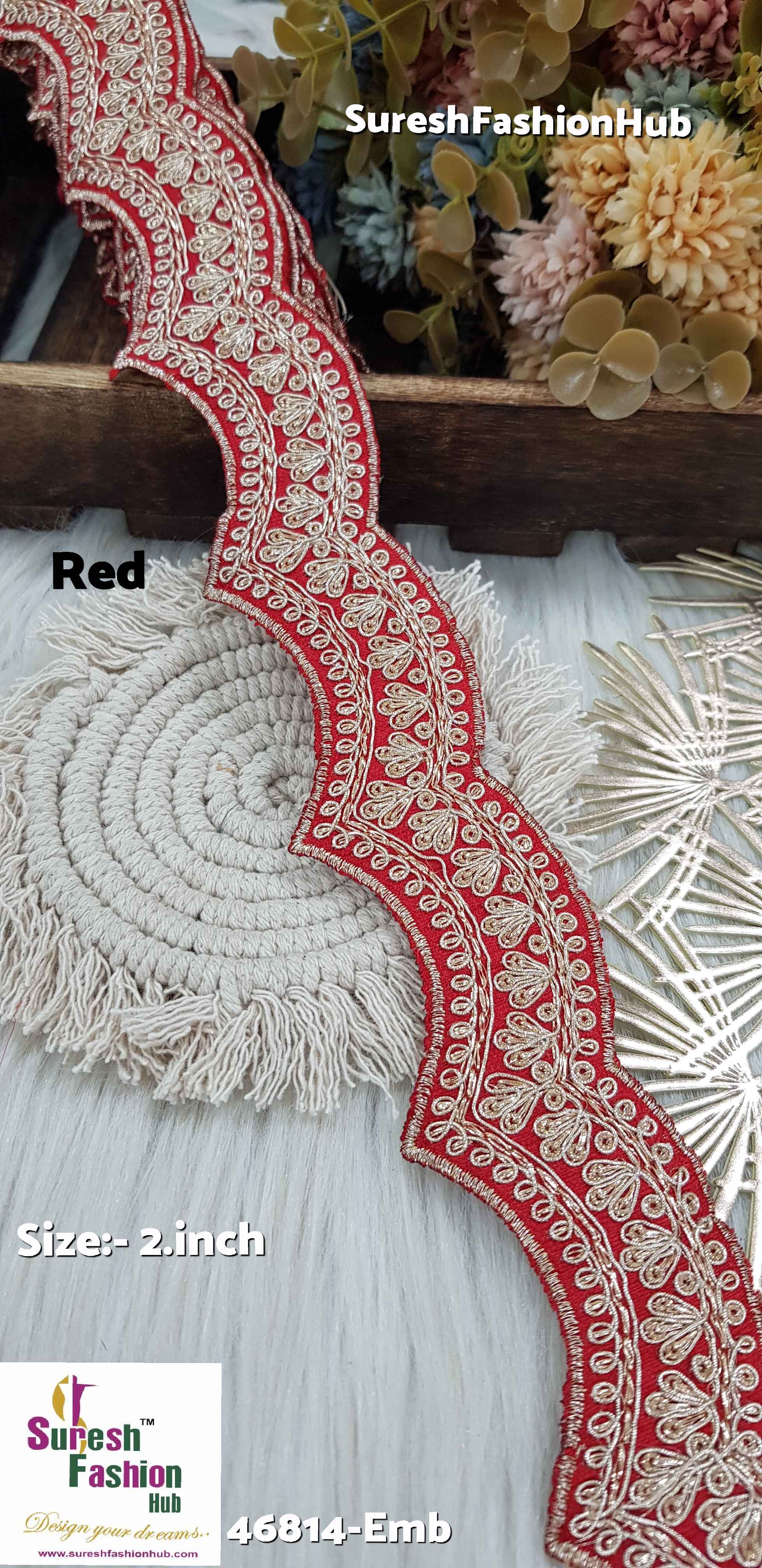 Double Scalloped Raw Silk Embroidered Red Colour Lace Roll