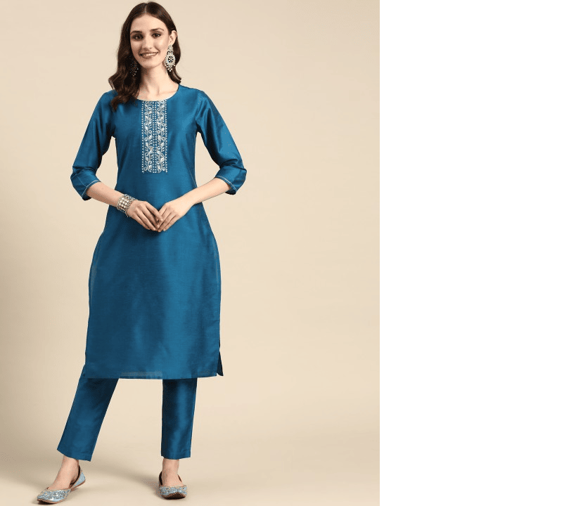 Women Blue Thread Work Kurta with Trousers