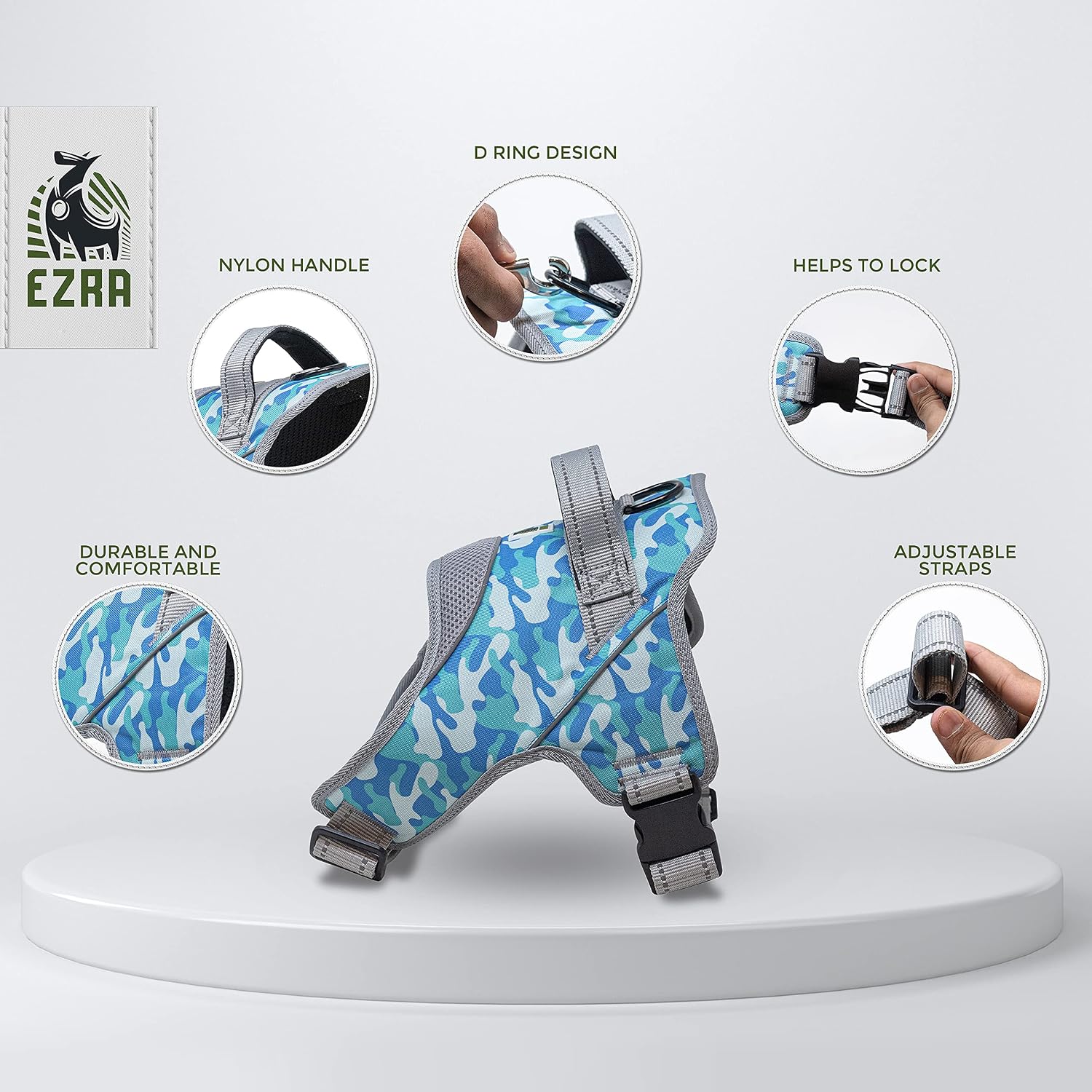 Ezra Camo Hart Padded Harness for Dogs, Blue