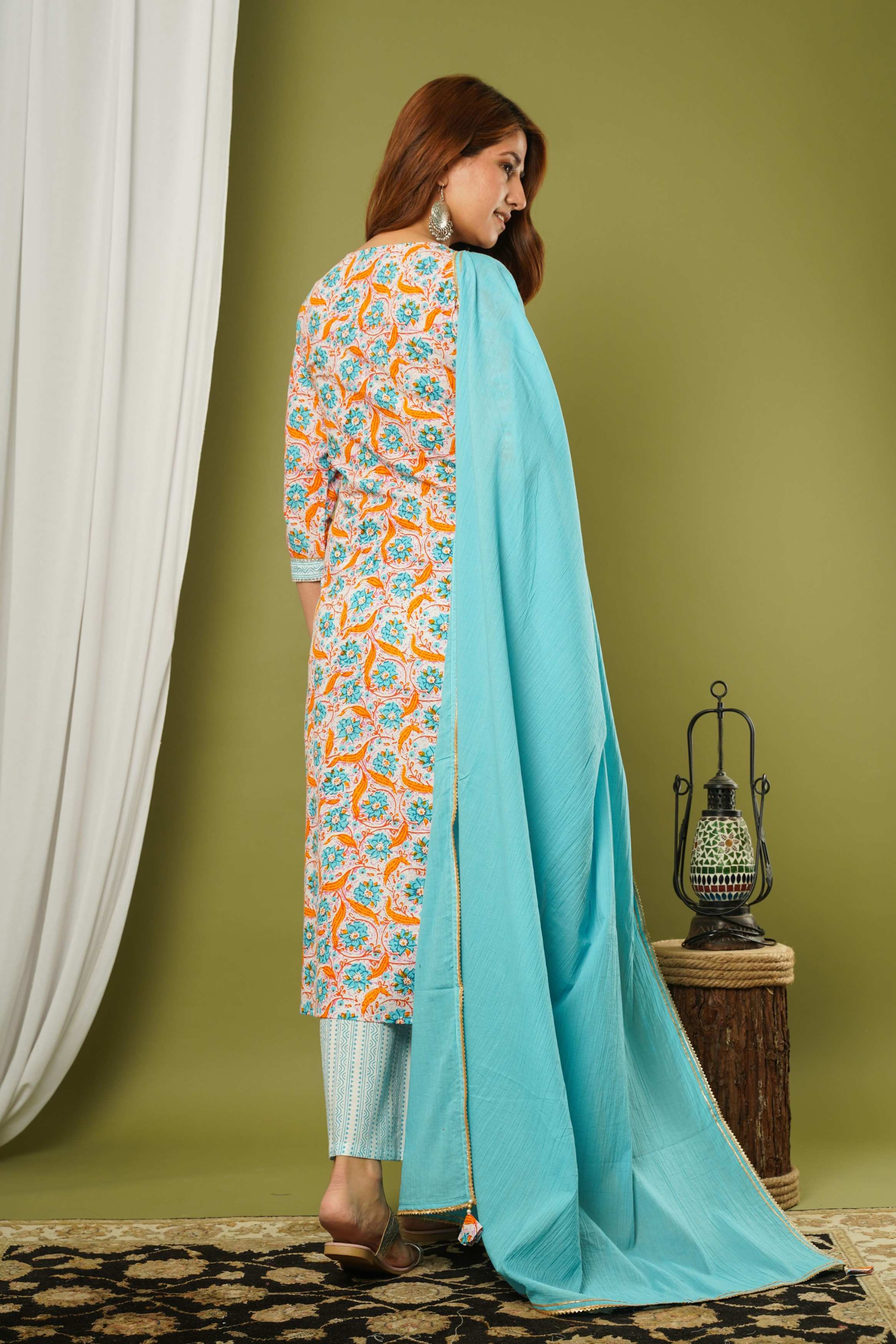 LACE PRINTED COTTON KURTA SET MULMUL DUPATTA