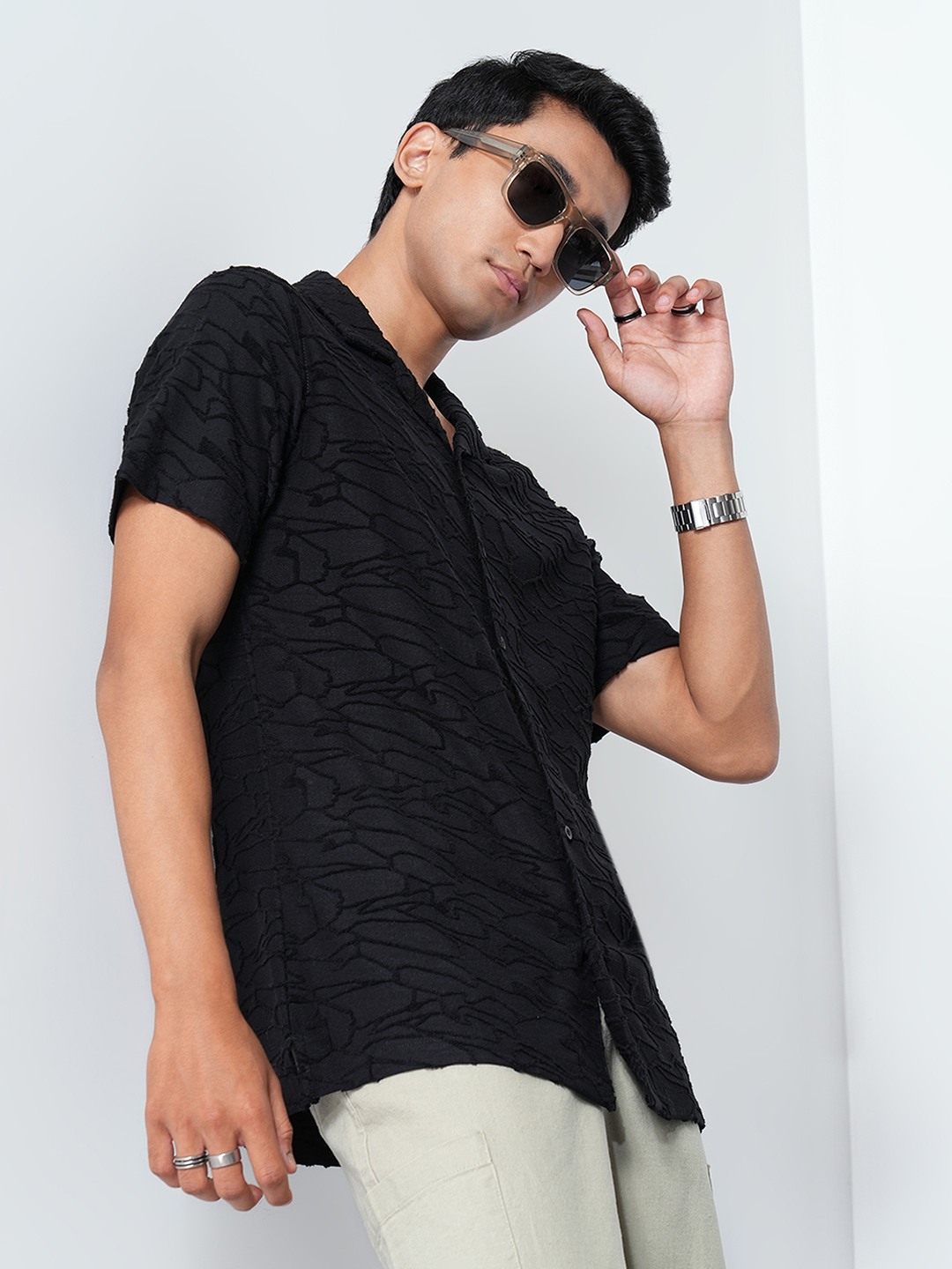 Black Jacquard Embossed Relaxed Resort Shirt