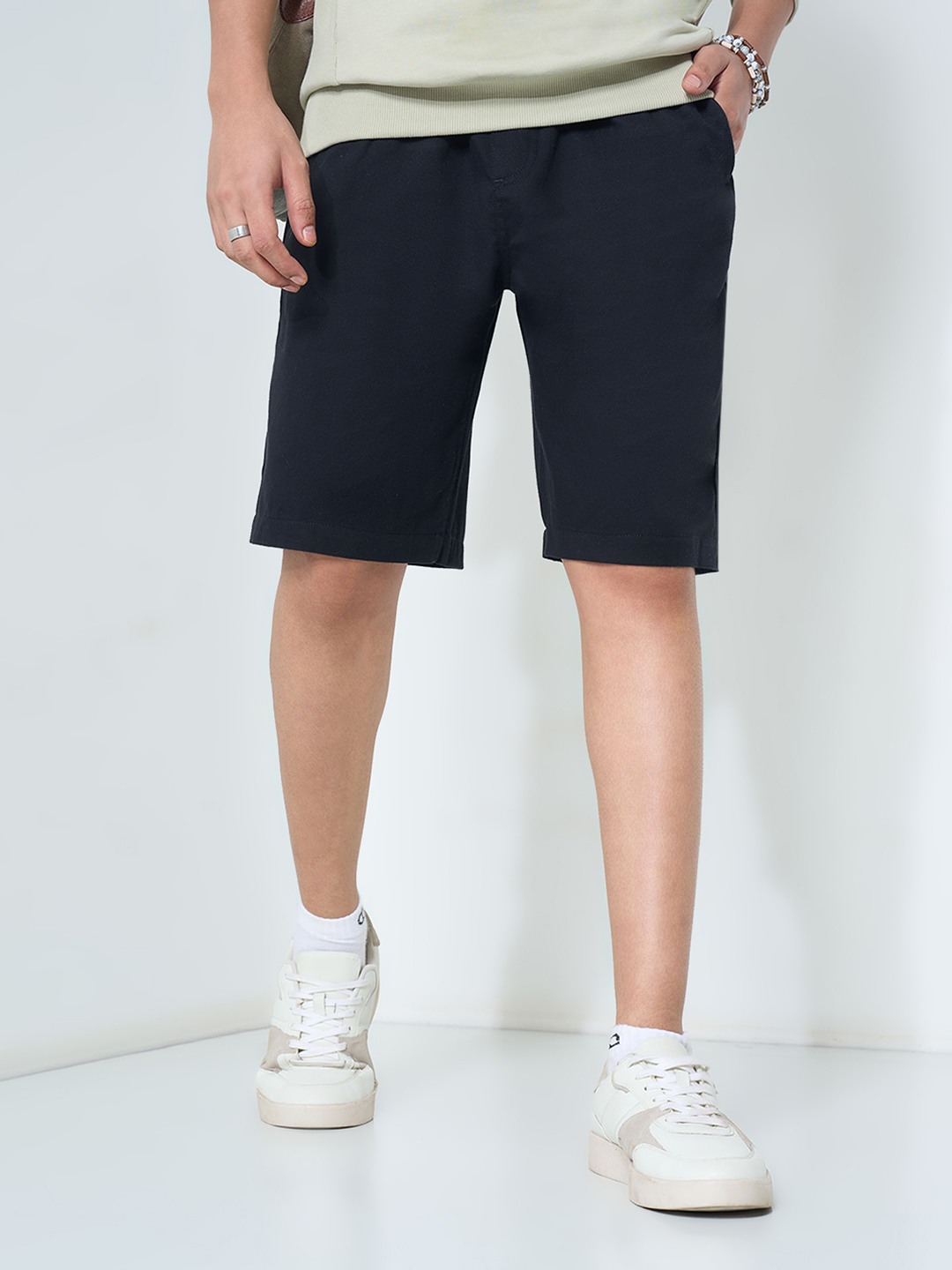 Black Solid Drawstring Shorts