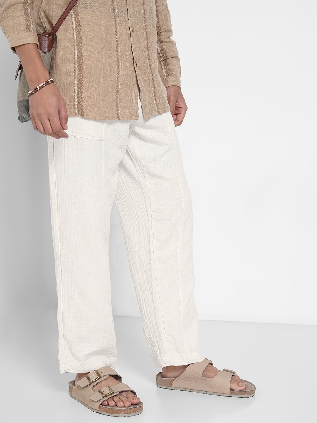 White Crinkle Effect Tapered Pants