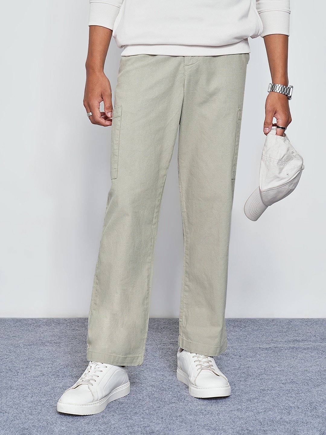 Beige Relaxed Fit Cargo Chino Pants